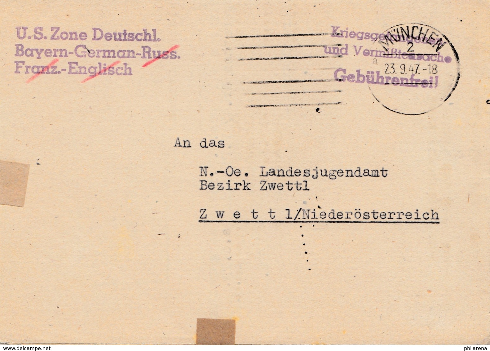 POW - Kgf: München/US.Zone Nach Zwettl - Suchdienst-Zonenzentrale 1947 - Autres & Non Classés