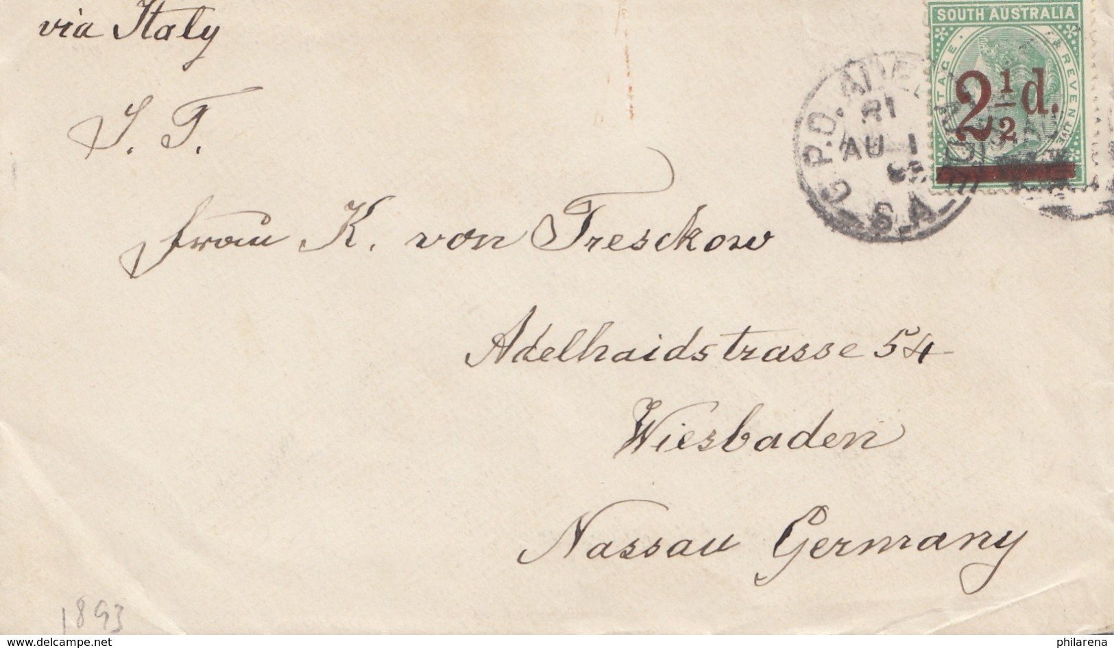 South Australia 1893: Letter To Wiesbaden Via Italy - Autres & Non Classés