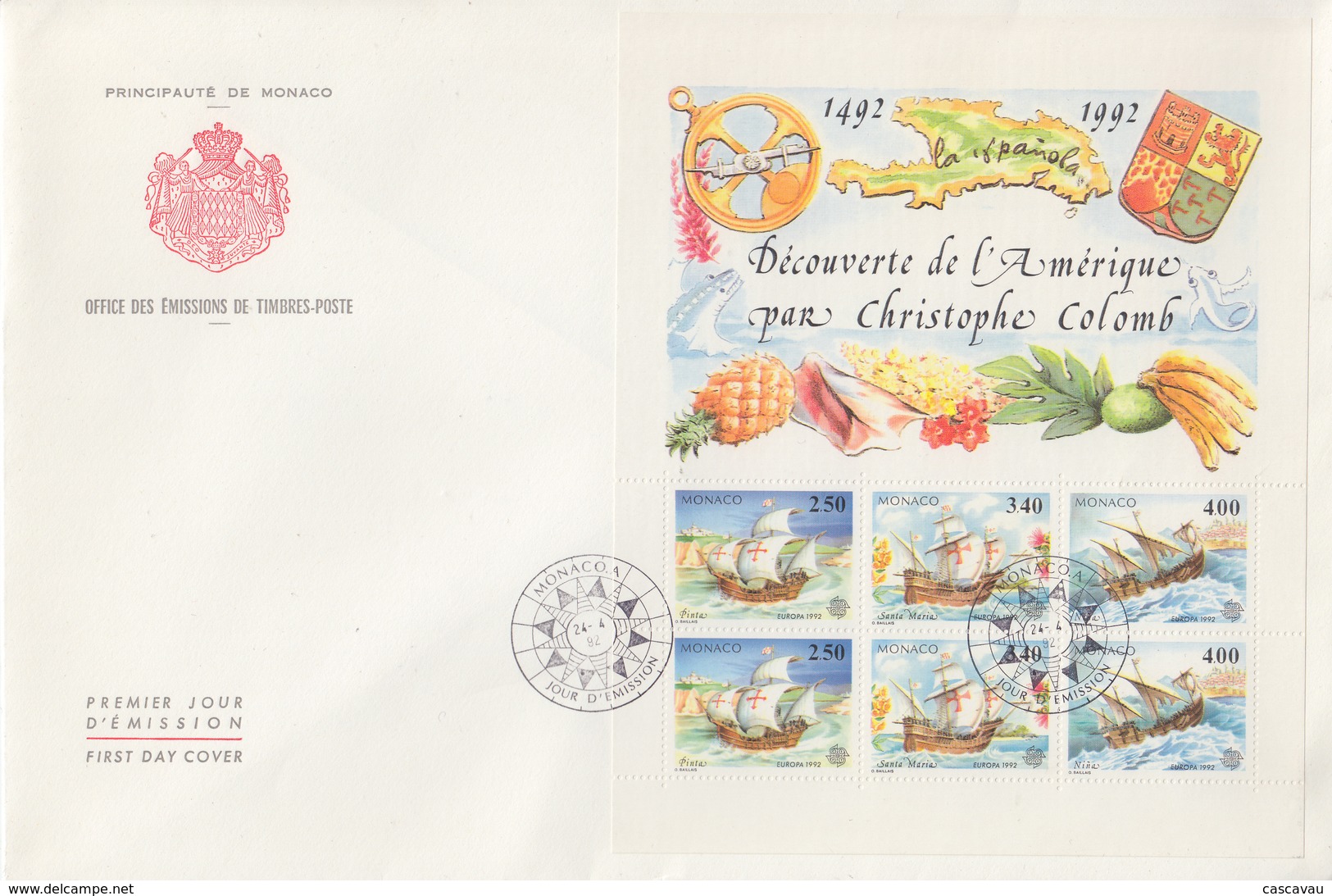 Enveloppe  FDC  Grand  Format  1er  Jour  MONACO  Bloc  EUROPA   COLOMB   1992 - 1992