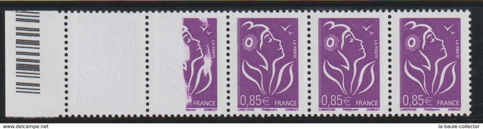 YT 3968 ** 0,85€ Violet-rouge Marianne De Lamouche, Philaposte, Bande Horizontale De 5 TP Bdf, 1 Ex Impression à Sec Ten - Neufs