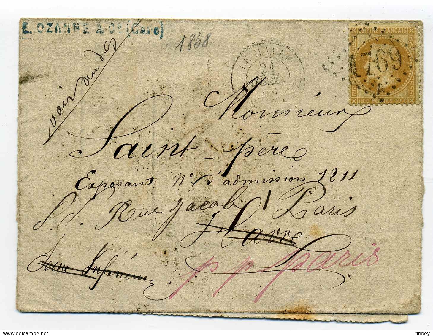 Lettre Du HAVRE Avec Multiples Remises + Reexpédition Sur Paris / Dept 74 Seine Inferieure / 1868 - 1849-1876: Période Classique