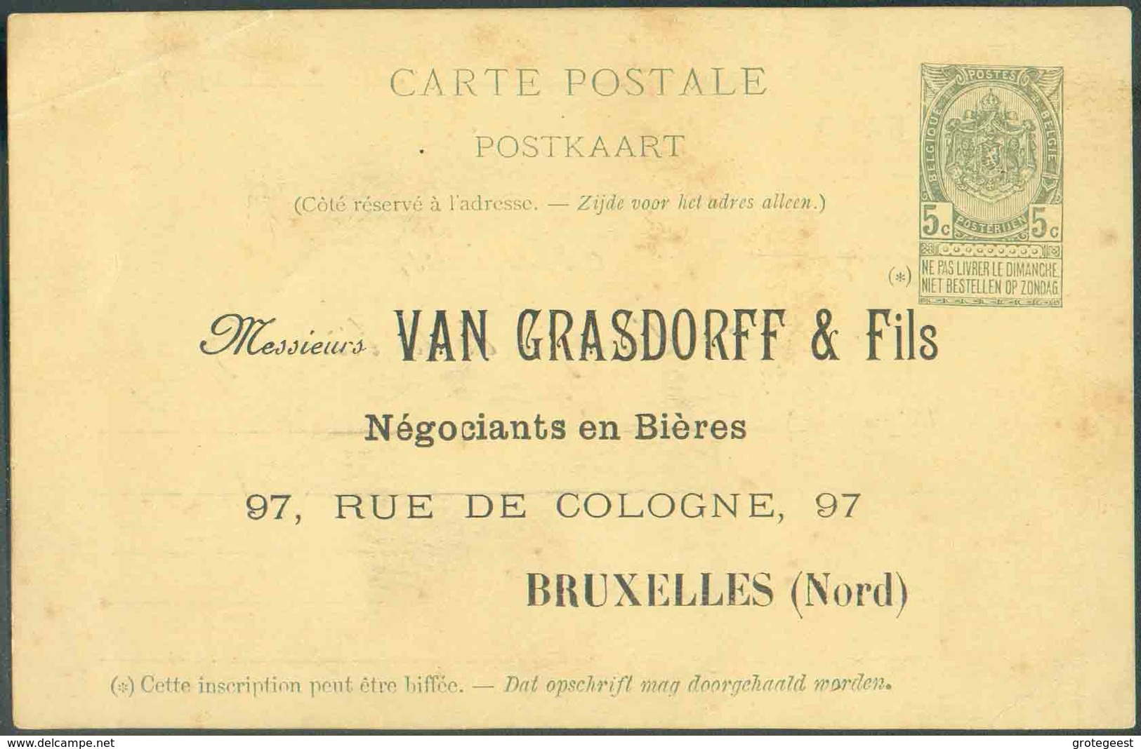 BELGIUM E.P. Carte Neuve 5 Centimes ARMOIRIE Avec Repiquage LAMBIC FARO BIERE DE MENAGE BRUNE (verso) - à VAN GRASDORFF - Bières