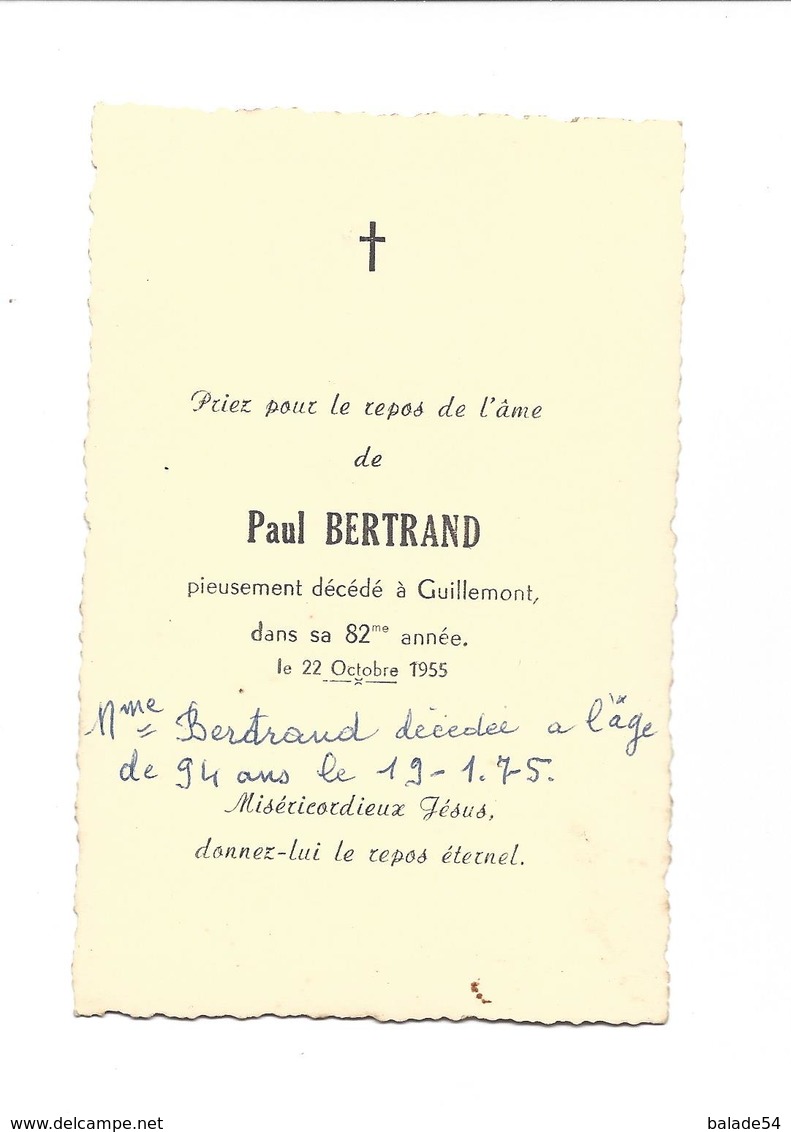 Carte "Souvenez Vous De Monsieur Paul BERTRAND" Décédé à GUILLEMONT (80) Le 22 Octobre 1955 - Priez (avec Photo) - Autres & Non Classés