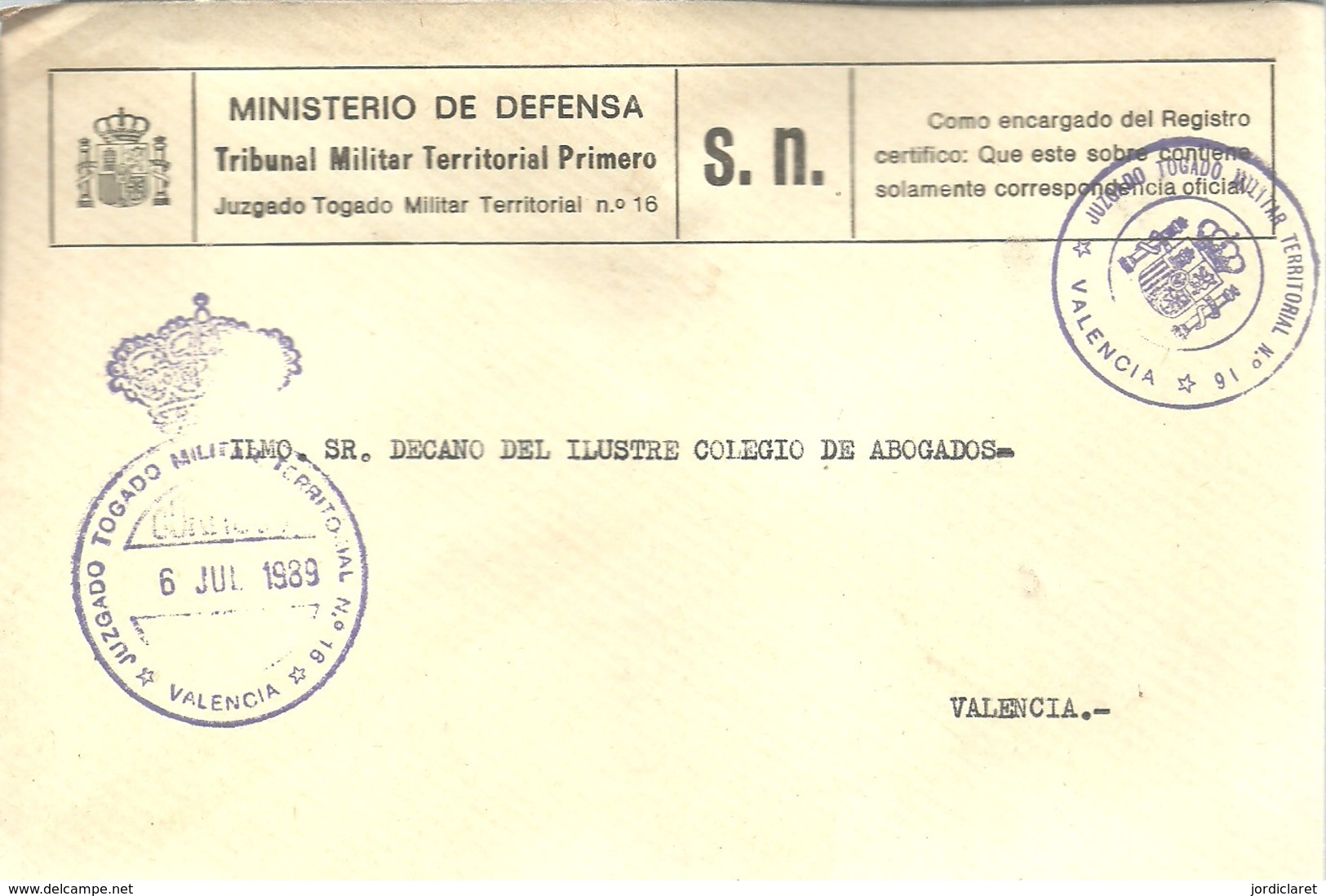 CARTA  MINISTERIO DE DEFENSA 1989 - Franquicia Militar