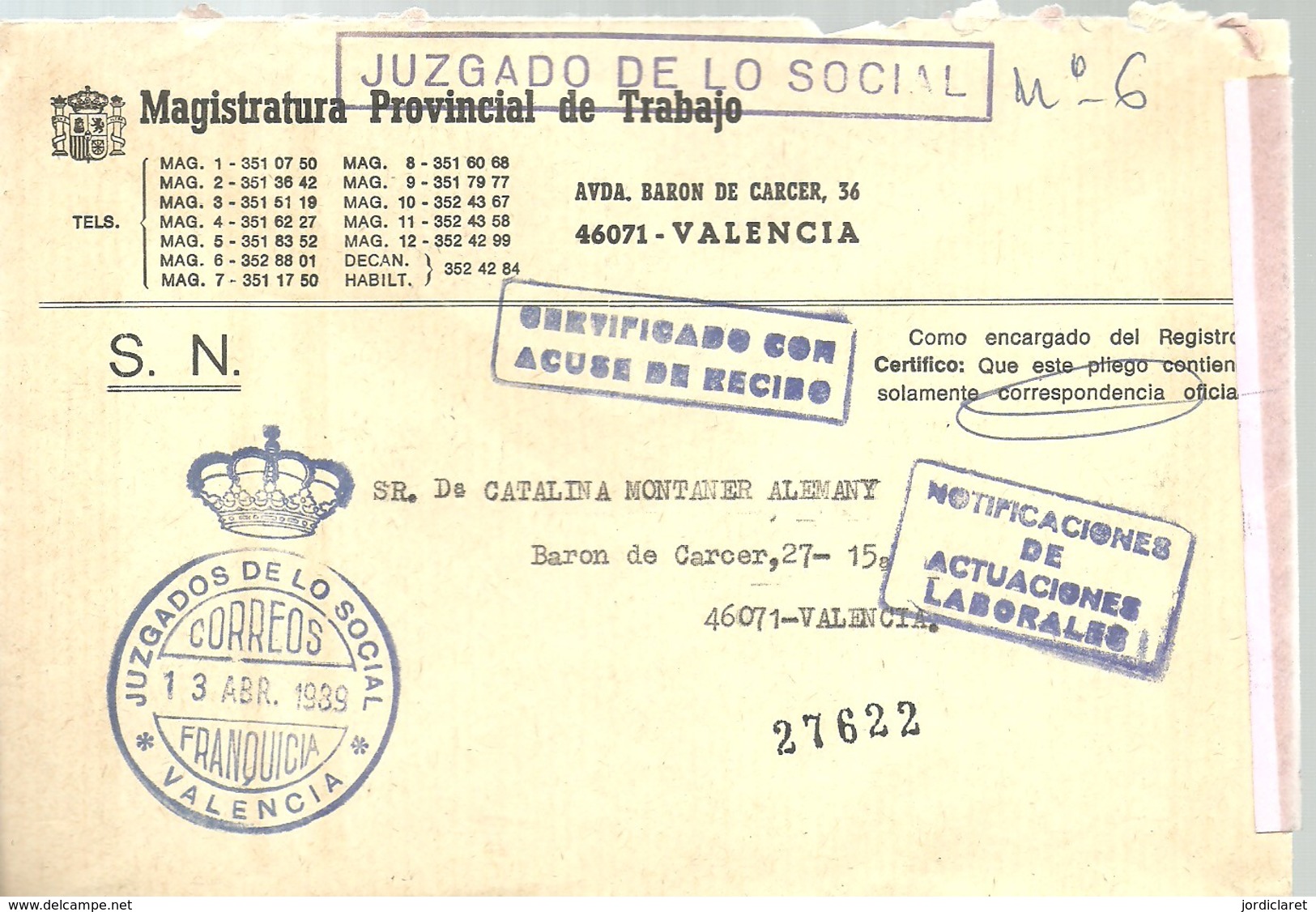 CARTA   1989 VALENCIA CERTIFICADO - Franquicia Postal