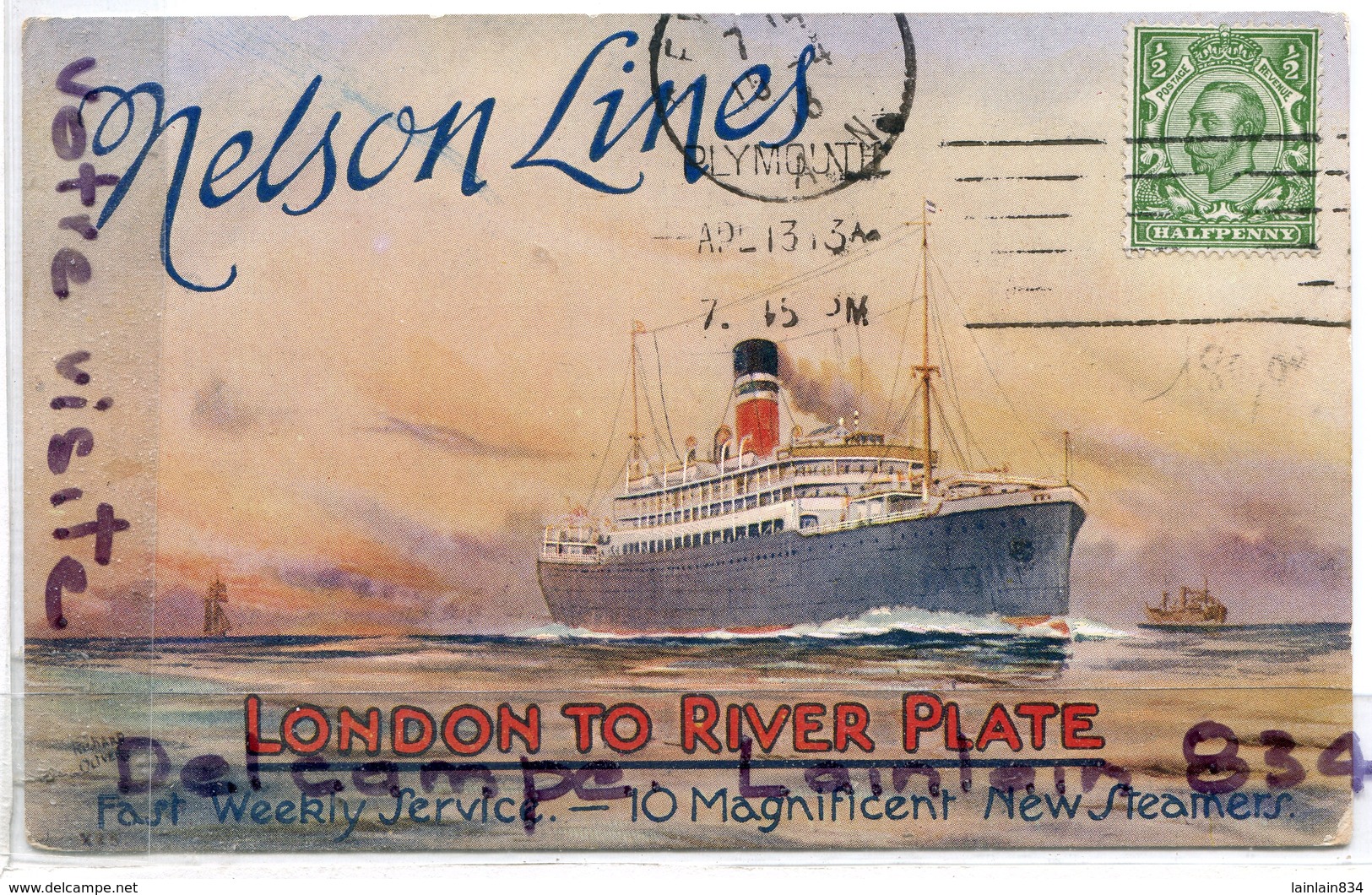 - NELSON LINES - London To River Plate - Signé Richard Oliver, Cachet Plymouth, 1913, Rare, TBE, Scans. - Paquebots