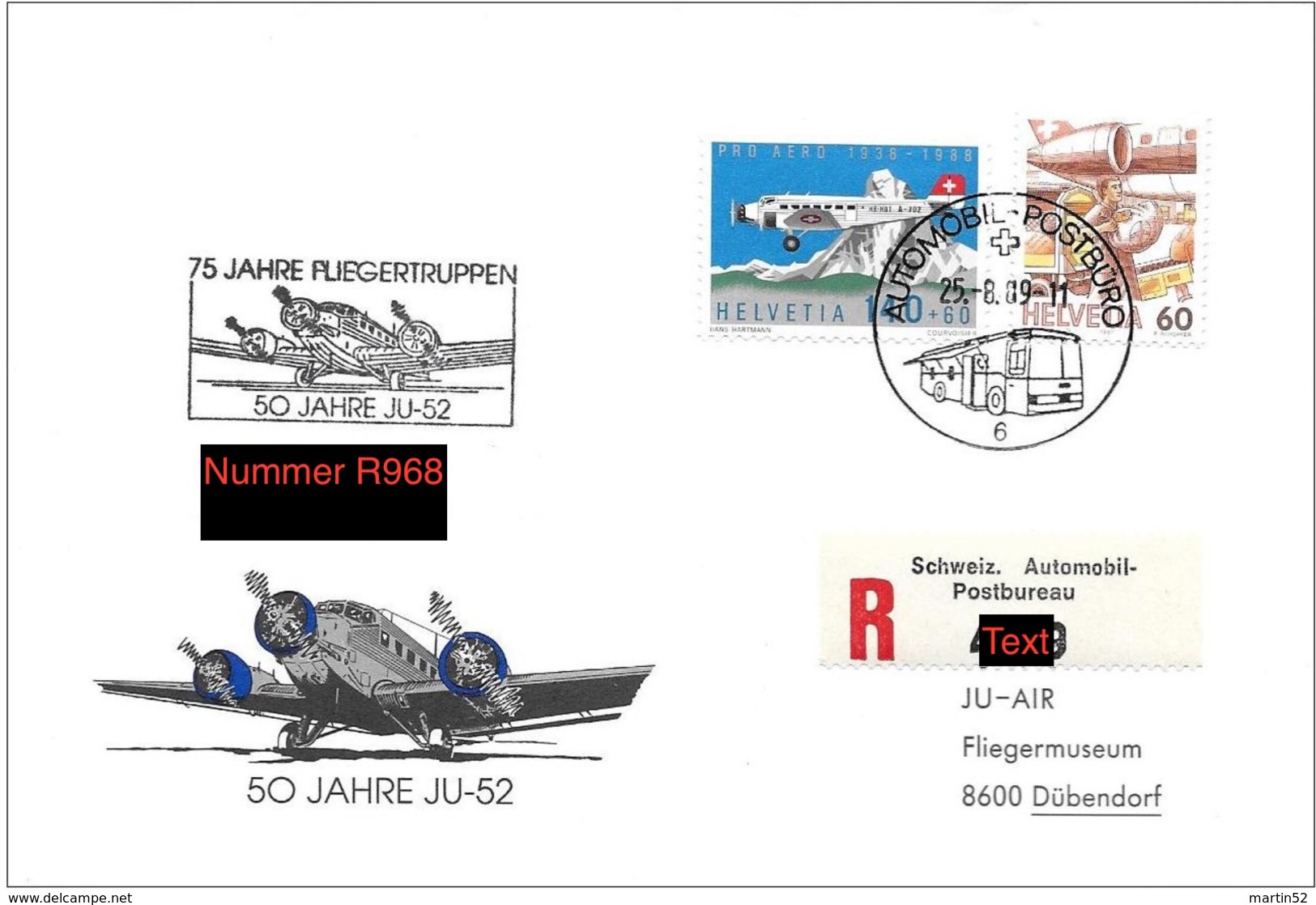 Schweiz Suisse 1990: R-Brief Mit AUTOPOST-o 25.8.89 50 JAHRE JU-52 / 75 JAHRE FLIEGERTRUPPEN - Premiers Vols