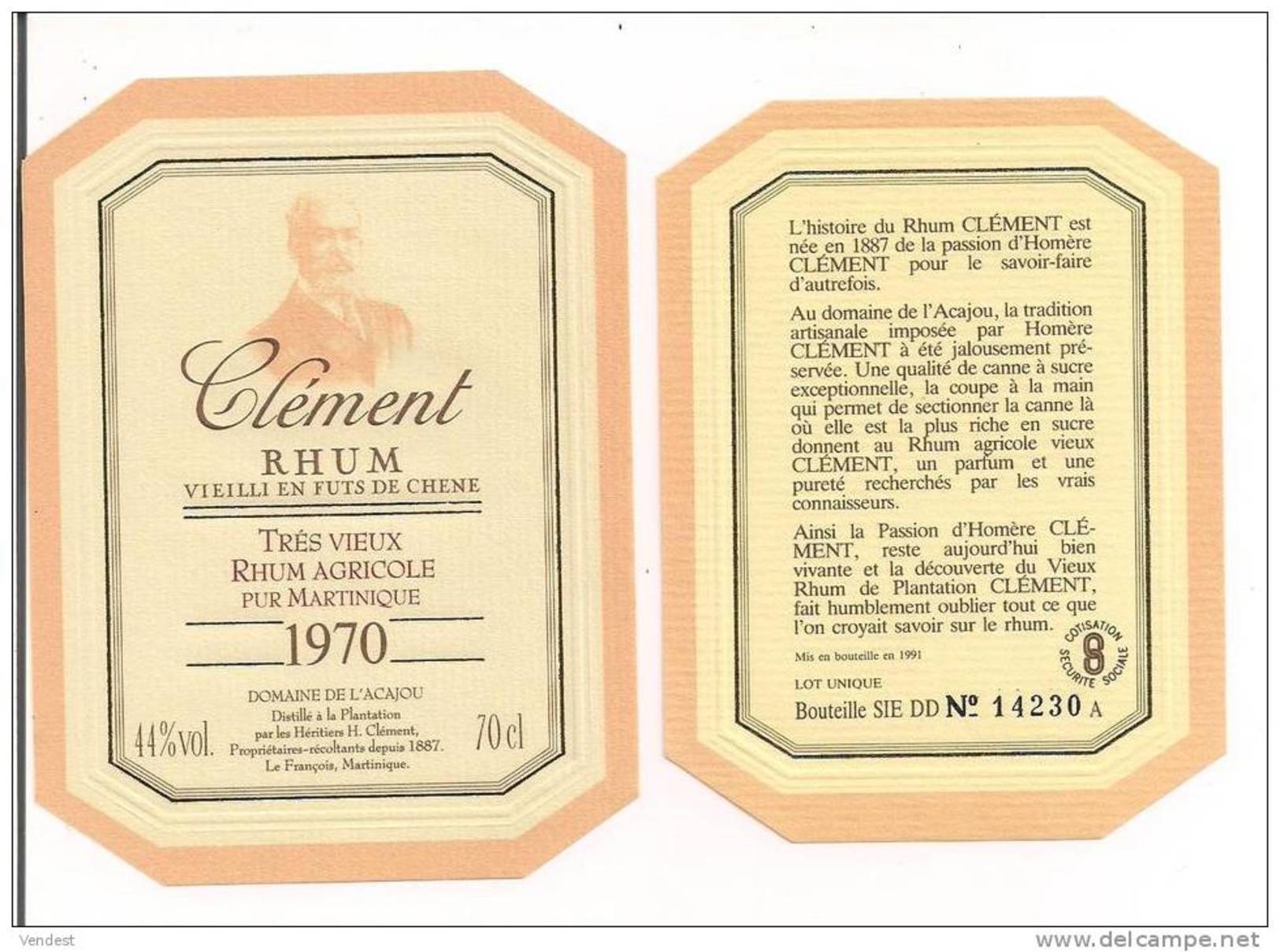 Etiquette  Très Vieux  RHUM   Agricole  Clément 1970  Domaine De L'Acajou - MARTINIQUE -  44° 70 Cl - - Rhum