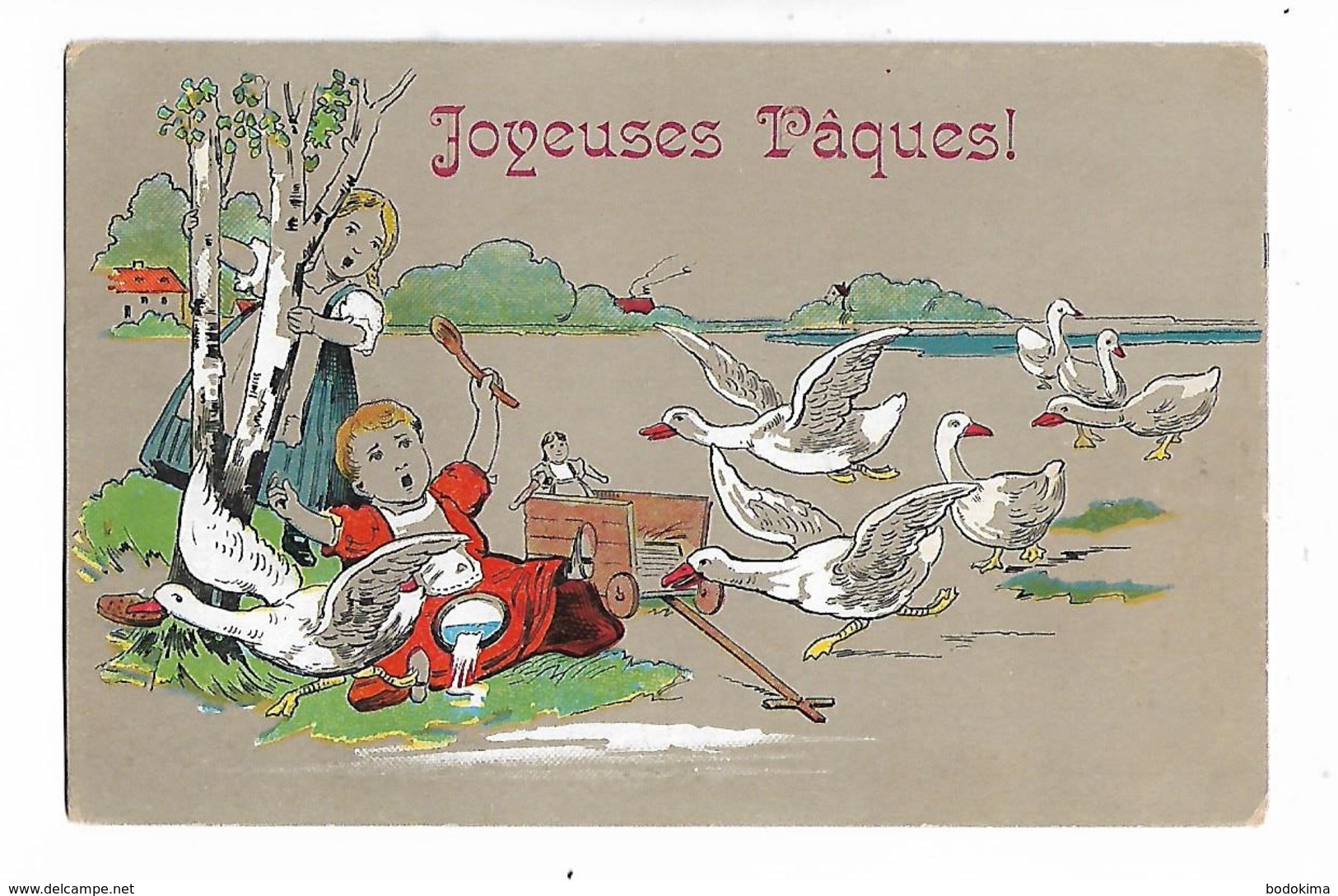 Enfants , Poupée Et Les  Oies / Canards  Qui  Ont  Volée  Le Pain     -  "    Joyeuse  Paques   !  " - 1900-1949