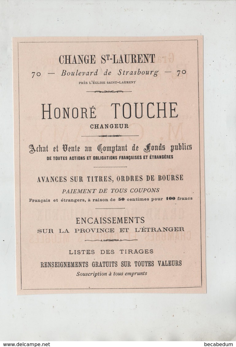 Publicité 1879 Paris Touche Change St Laurent Banque Du Nord Grand Hôtel Cailleux Recto Verso - Advertising