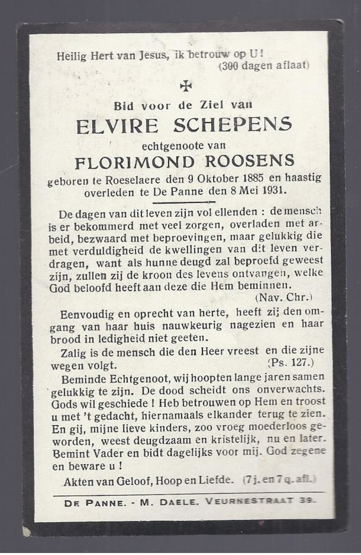 DOODSPRENTJE SCHEPENS ROOSENS  ° ROESELARE 1885 + DE PANNE 1931 - Andachtsbilder