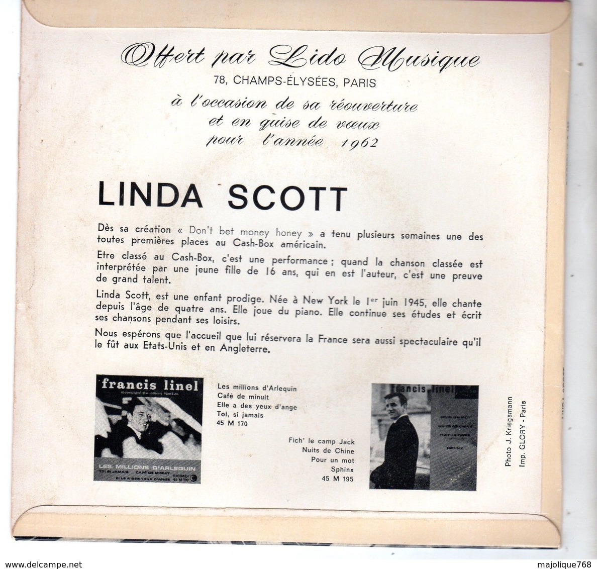 Disque De Linda Scott - Starlight, Starbright - Ricordi 45 S 188 - 1962  - - Rock