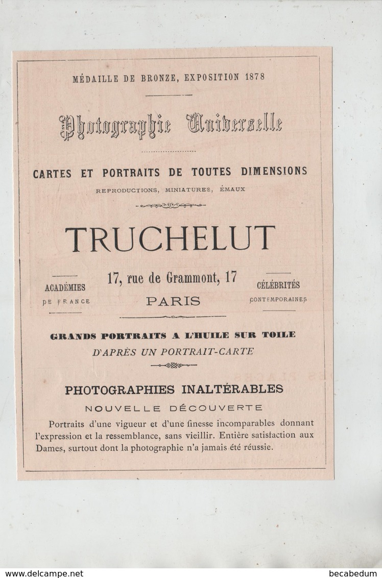 Publicité 1879 Paris Photographie Universelle Truchelut - Reclame