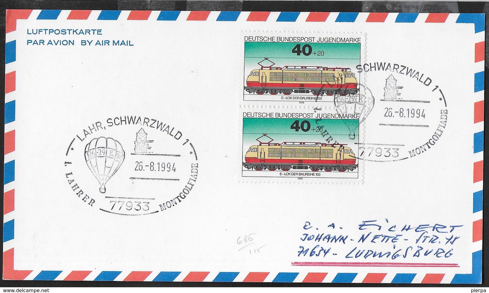 GERMANY - ANNULLO SPECIALE LAHR,SCHWARZWALD 1 - LAHRER MONTGOLFIADE 26.08.1994 SU CARTOLINA - Storia Postale