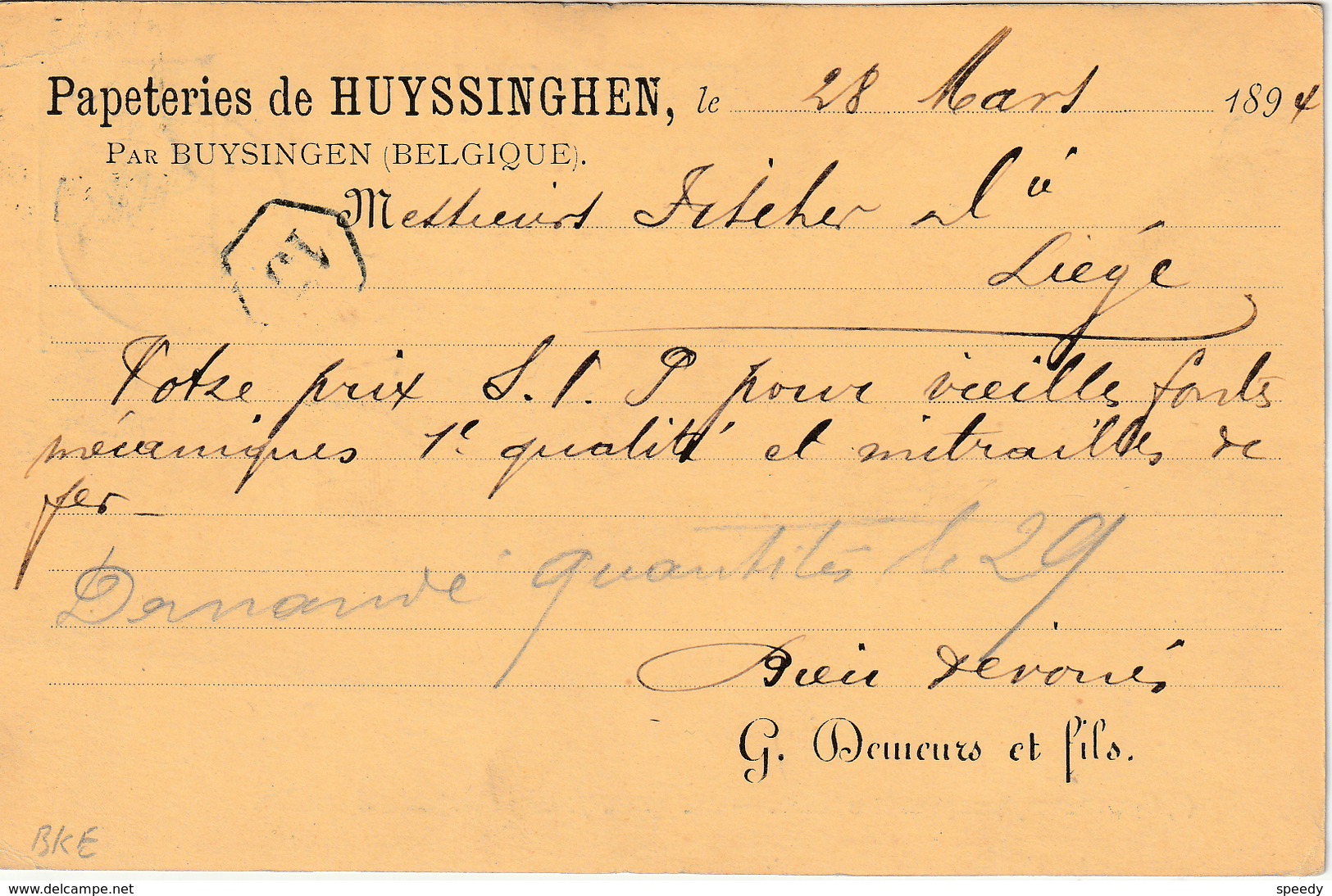 ENTIER BELGIË Nr. 23 "BUYSINGEN 28 MARS 1894" Met Privaatopdruk / Repiquage "PAPETERIES  De HUYSSINGHEN / G. DEMEURS " - Variedades/Curiosidades