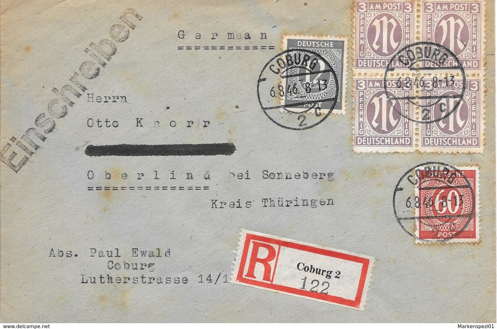 All Besetzung Einschreiben MiF AM Post+Ziffern 1946 Coburg-Oberlind - Sonstige & Ohne Zuordnung