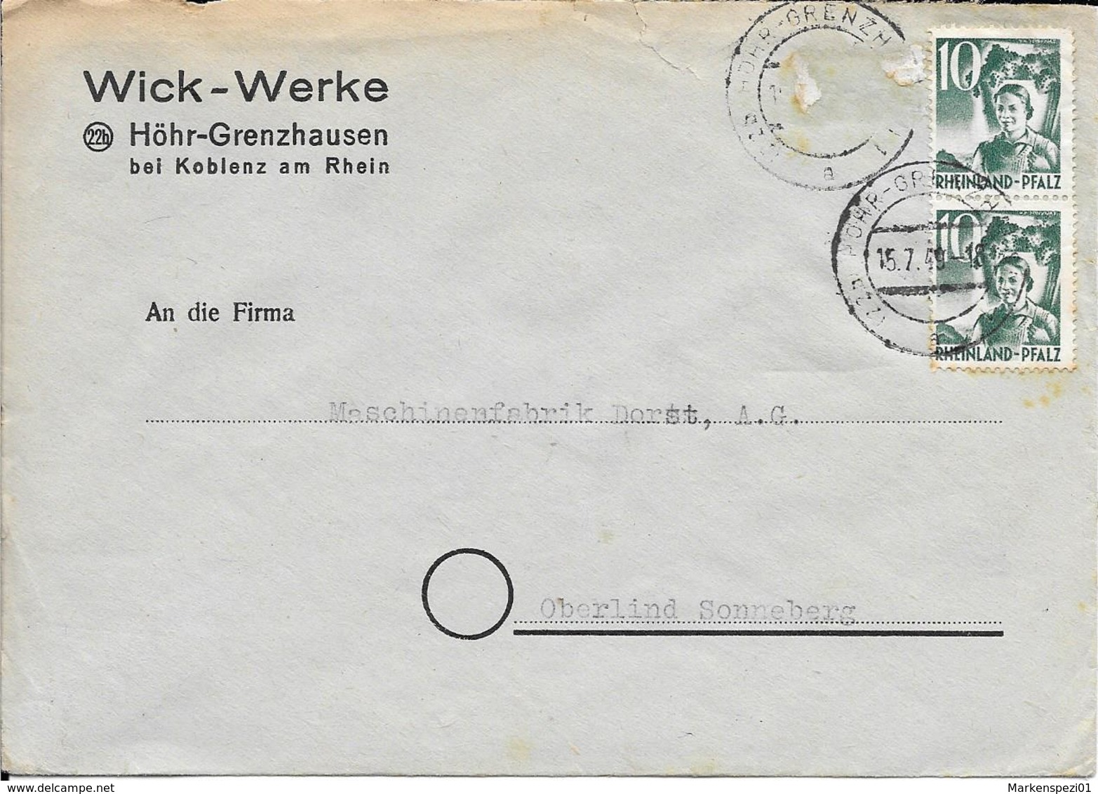 Franz Zone  Beleg MeF 1949 Höhr-Grenzhausen - Oberlind - Autres & Non Classés