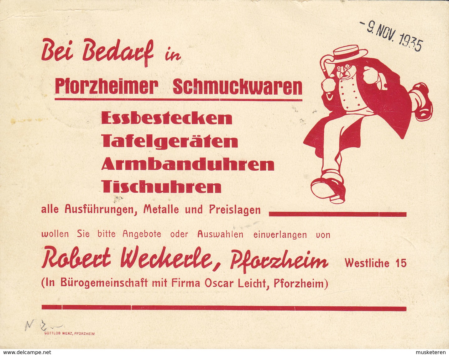 Germany Deutsches Reich PHORZHEIMER SCHMUCKWAREN Armbandsuhren Tischuhren PFORZHEIM 1935 Card Karte SA & Hitlerpusch - Briefe U. Dokumente