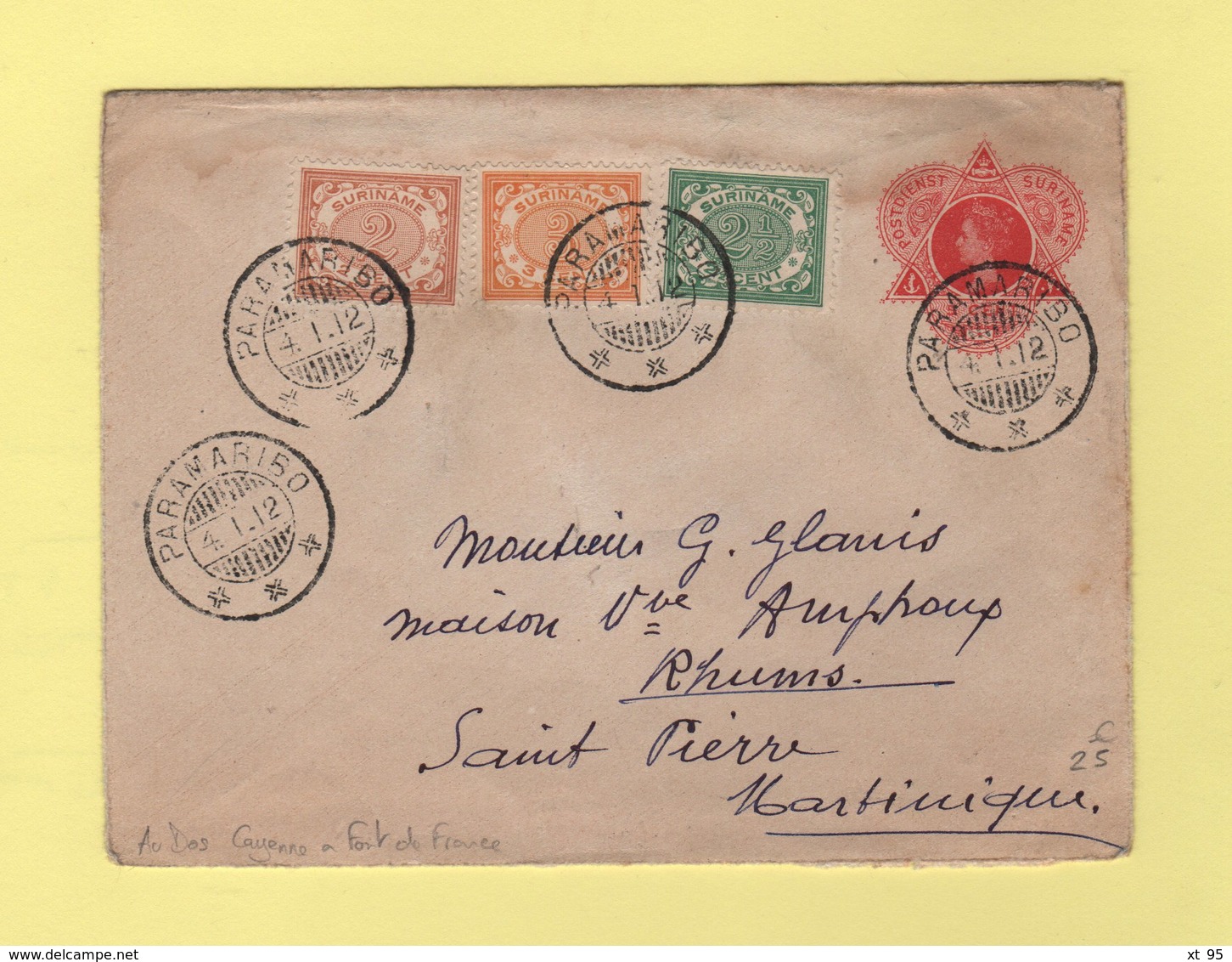 Suriname - Paramaribo - 4-1-1912 - Destination Martinique Via Paquebot Cayenne A Fort De France - Suriname ... - 1975