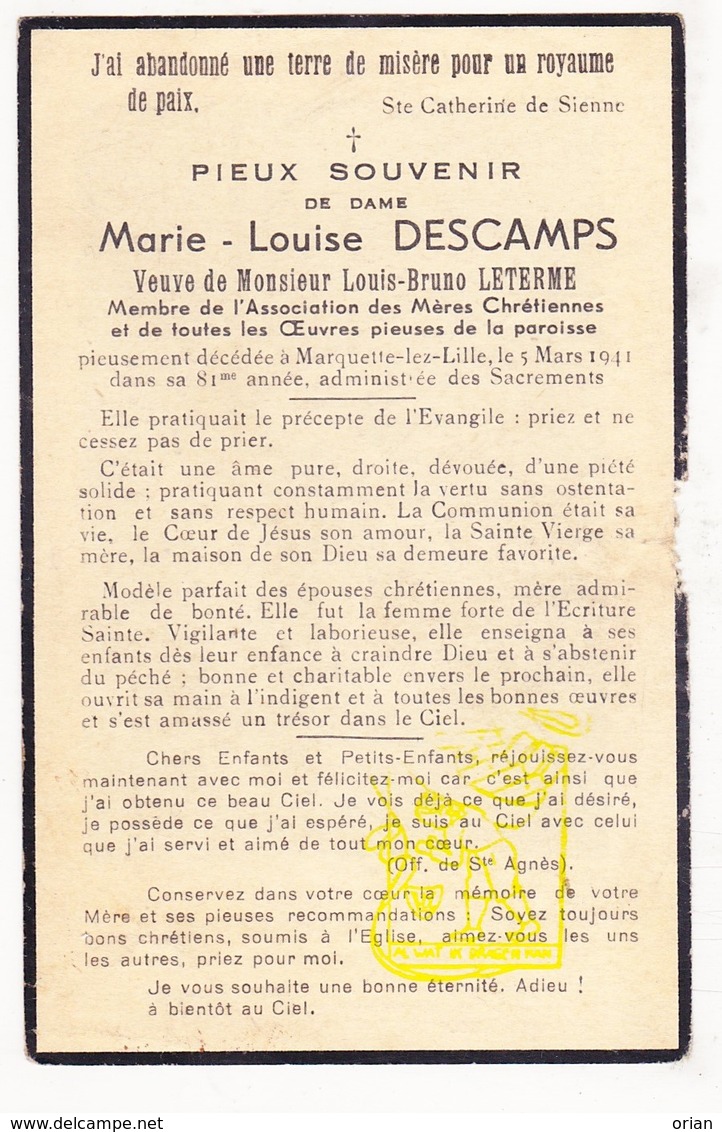 DP Im. Mort. - Marie L. Descamps ° 1860 † Marquette-lez-Lille FR Nord 1941 X Louis B. Leterme - Images Religieuses