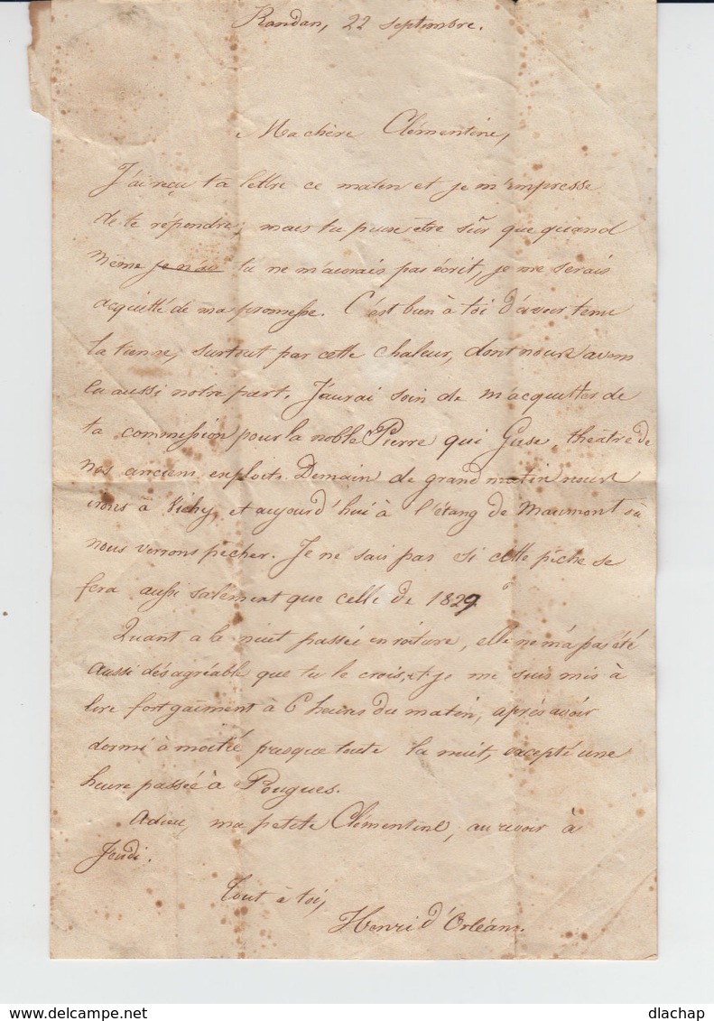 Lettre Signée Avec Cachet De Cire Du Duc D'Aumale, Fils De Louis Philippe 1er, à Sa Soeur, Clémentine D'Orléans. (2029x) - Autres & Non Classés