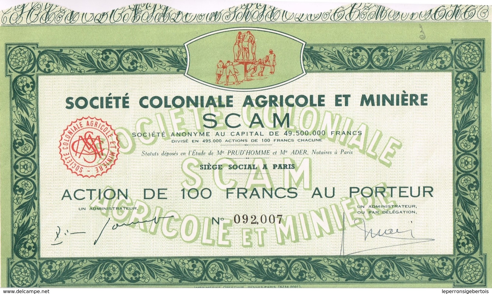 Action Ancienne - Sté Coloniale Agricole Et Minière SCAM - Titre N° 092.007 - Afrique