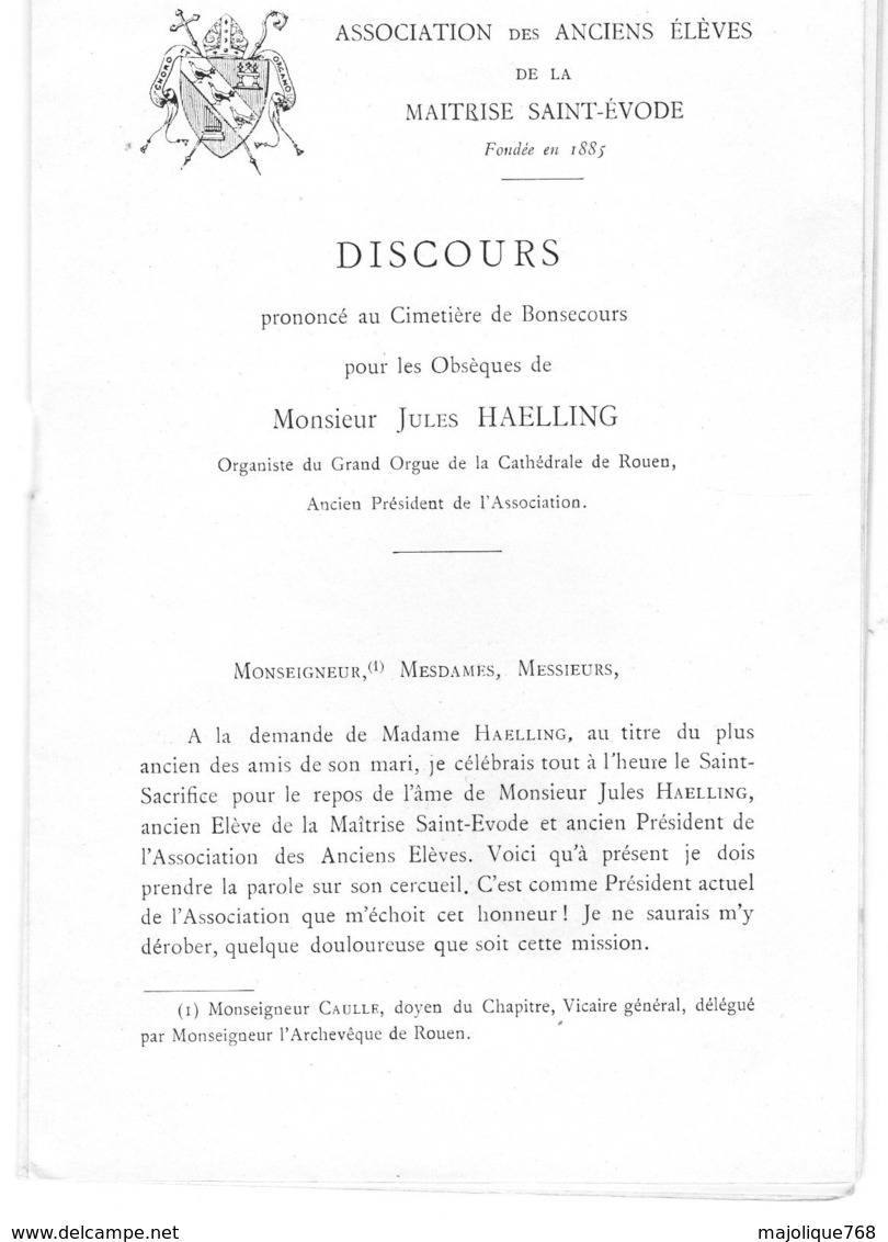 Obsèques De Monsieur Jules Haelling Organiste Du Grand Orgue De La Cathédrale De Rouen De 1904 à 1926 - Discours Prononc - Décès