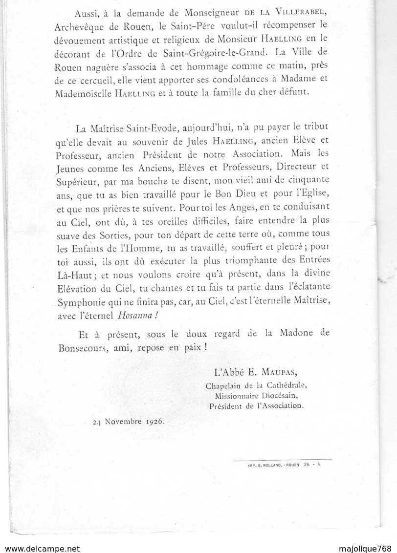 Obsèques De Monsieur Jules Haelling Organiste Du Grand Orgue De La Cathédrale De Rouen De 1904 à 1926 - Discours Prononc - Décès