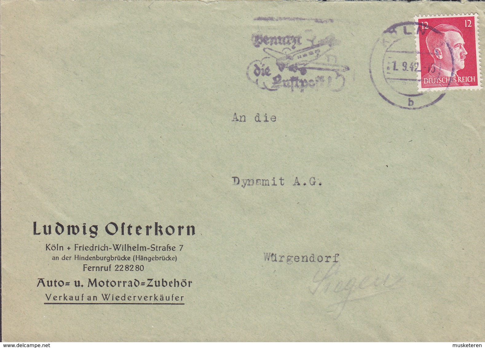 Deutsches Reich LUDWIG OSTERKORN Auto- U. Motorrad-Zubehör Slogan Flamme 'Luftpost' KÖLN 1942 Cover Brief - Briefe U. Dokumente