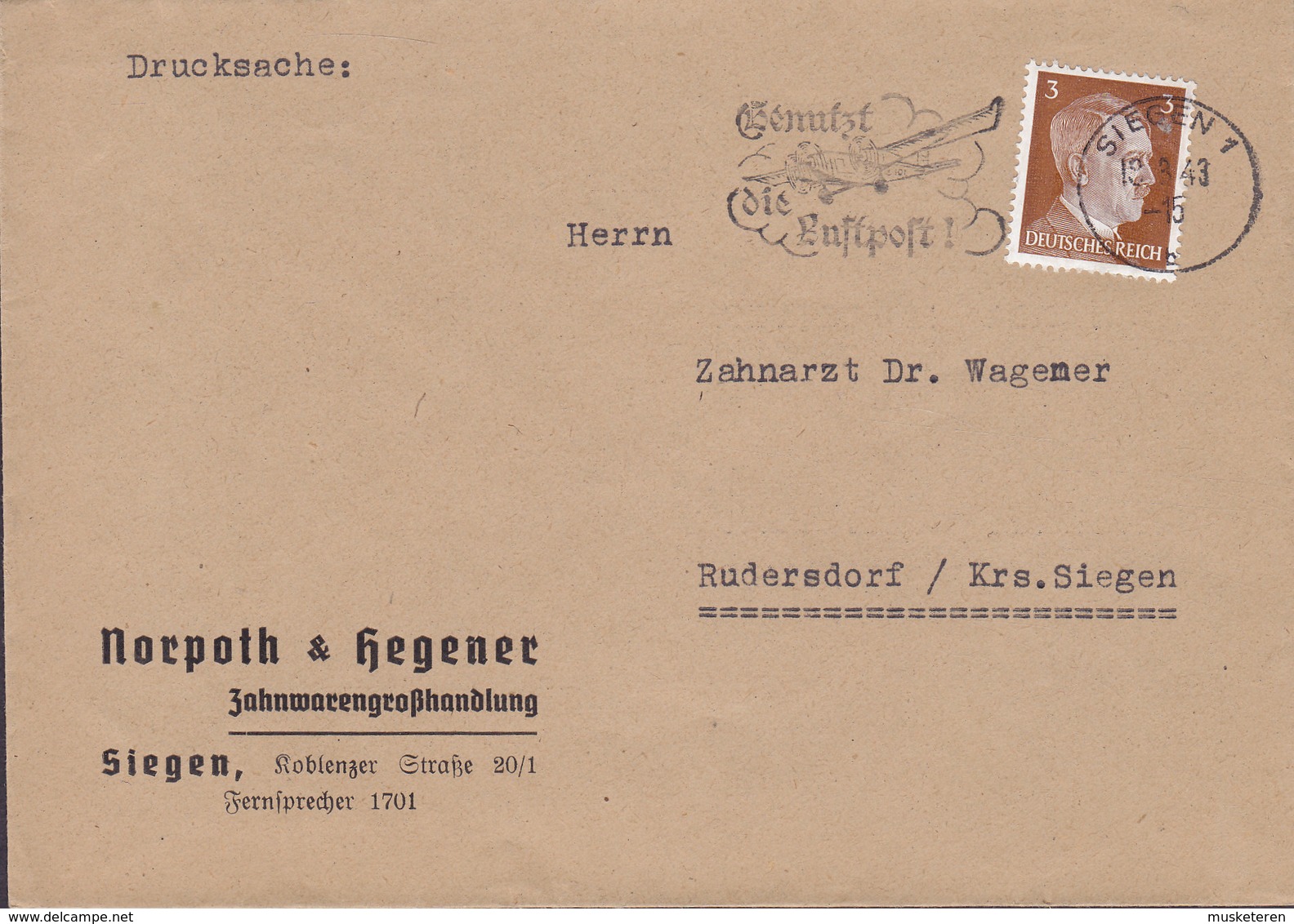 Germany Deutsches Reich NORPOTH & HEGENER Zahnwarengosshandlung Slogan Flamme 'Luftpost' SIEGEN 1943 Cover Brief - Briefe U. Dokumente