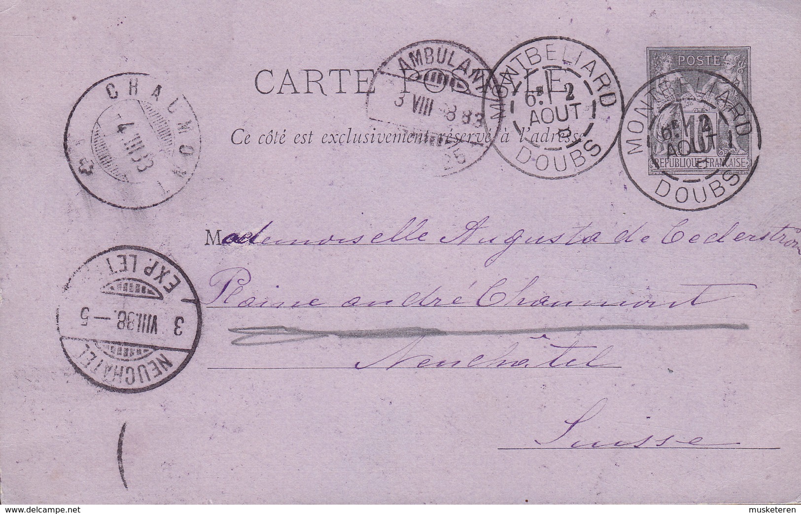 France Postal Stationery Ganzsache Entier Sage MONTBELLARD 1888 Via CHALLON & AMBULANT No. 25, NEUCHATEL Switzerland - Standard Covers & Stamped On Demand (before 1995)