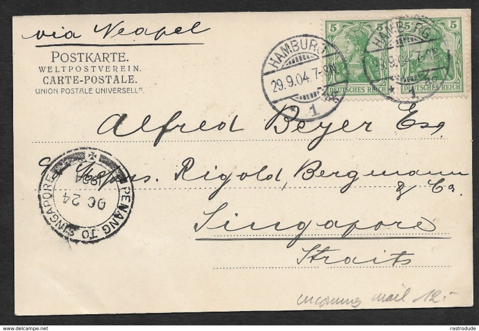 1902 - DR - SINGAPORE INCOMING PC Via NEAPEL CDS PENANG TO SINGAPORE ARRIVAL CDS - HH ALSTER - Briefe U. Dokumente