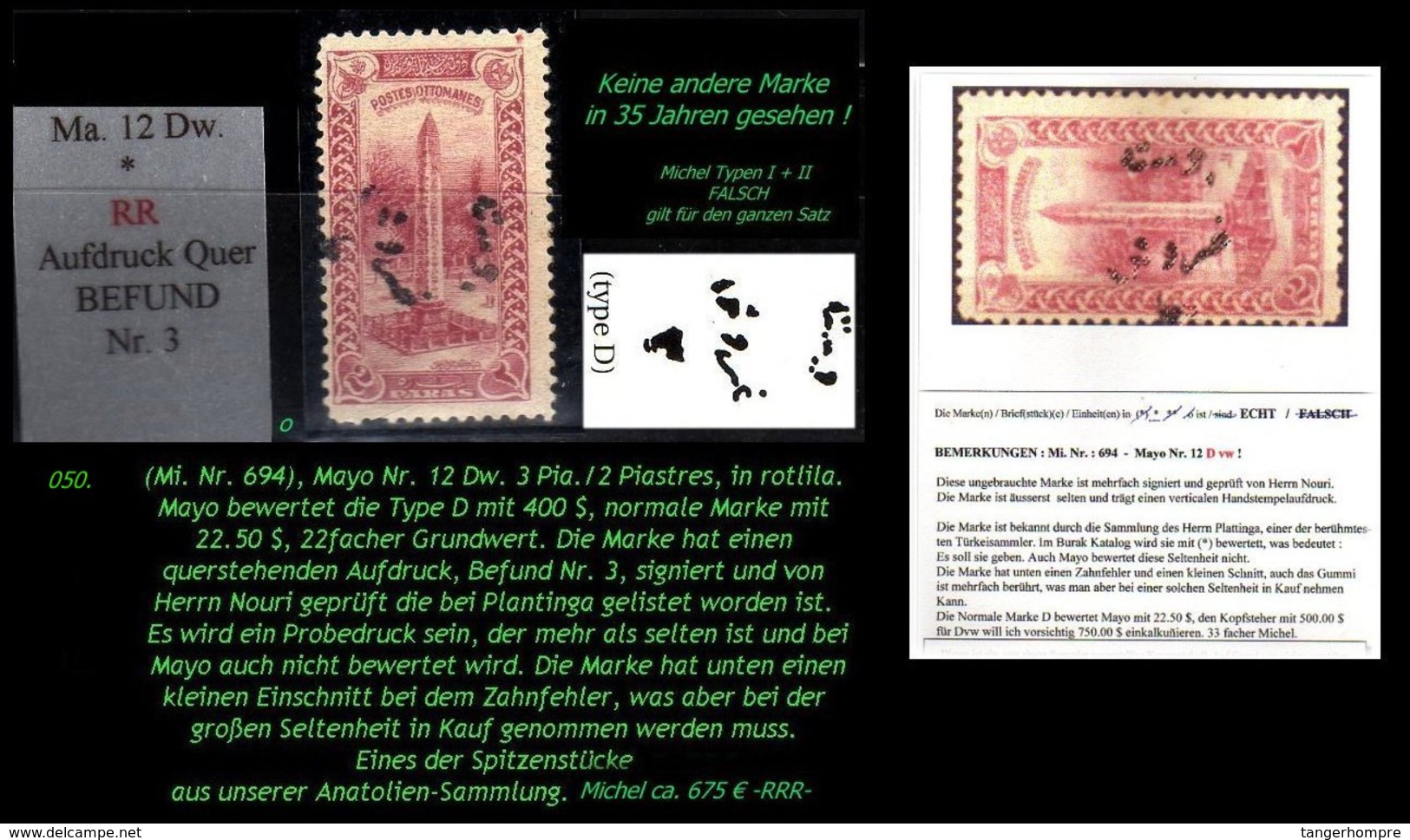 EARLY OTTOMAN SPECIALIZED FOR SPECIALIST, SEE...Mi. Nr. 694 - Mayo Nr. 12 D W - Aufdruck QUER !!! -RRR- - 1920-21 Kleinasien