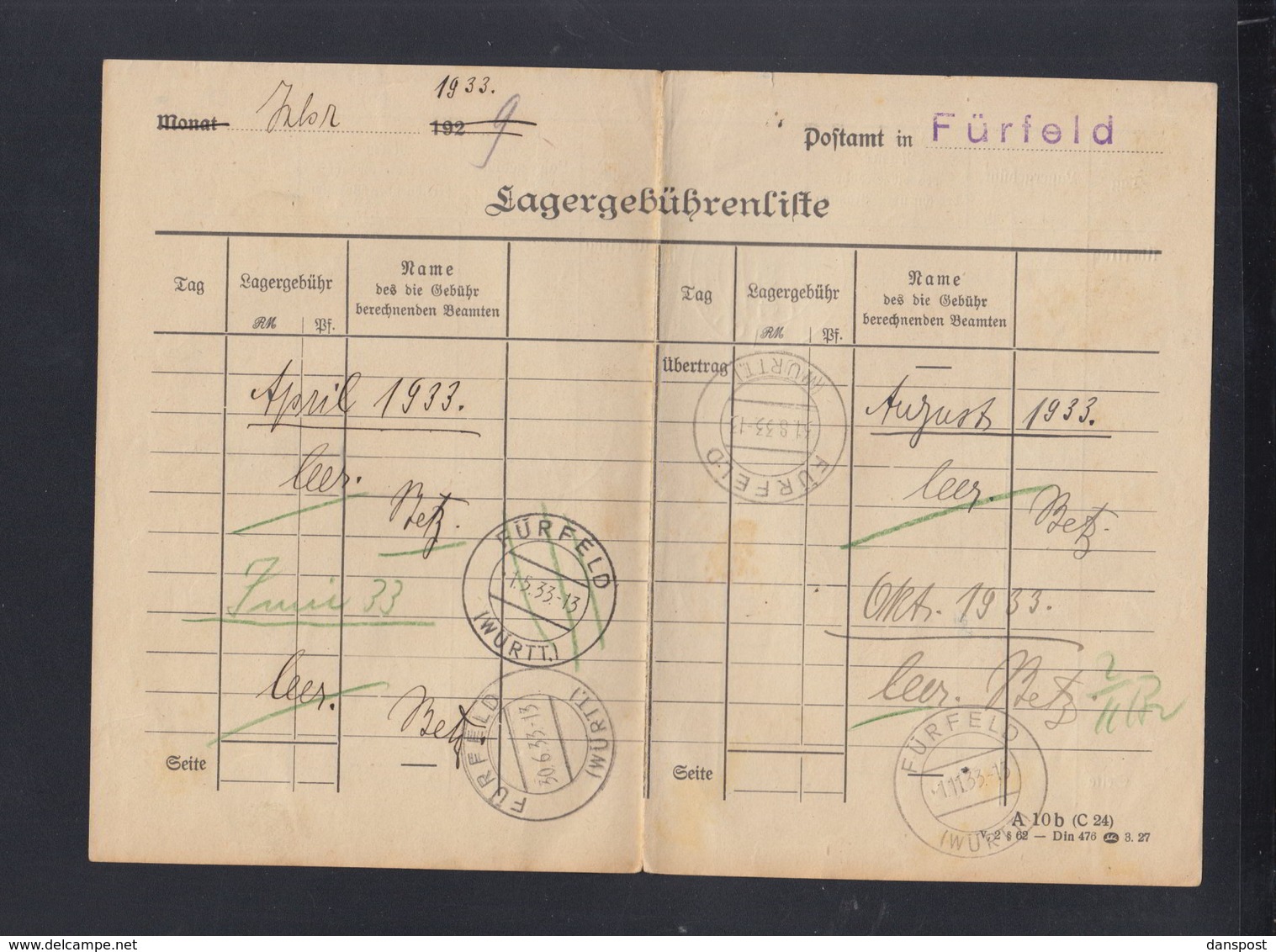 Dt. Reich Lagergebührenliste Fürfeld 1933 - Briefe U. Dokumente