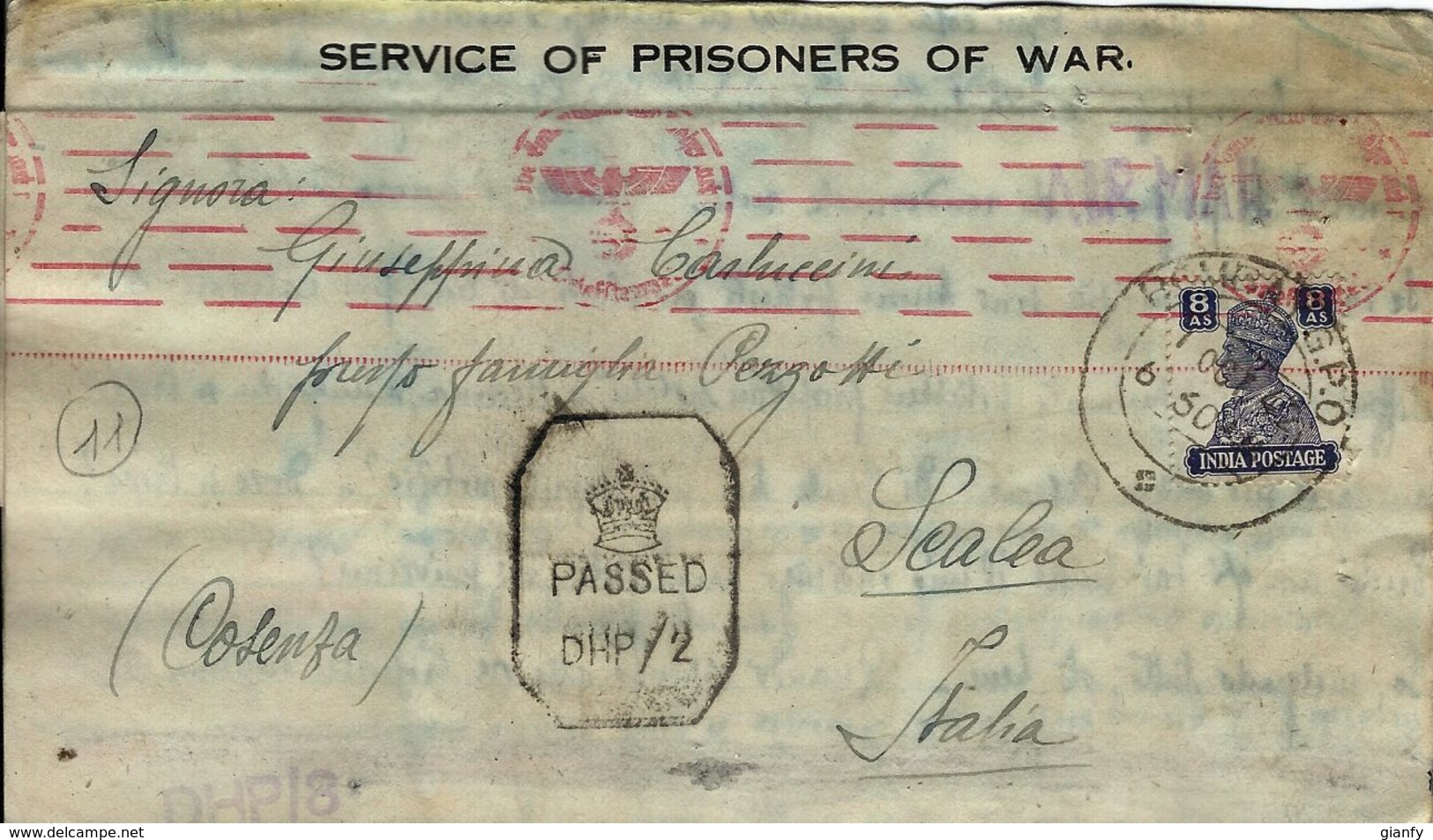 BIGLIETTO CAMPO PRIGIONIERI INDIA POW CAMP 26 YOL 1942 X SCALEA NAZI CENSOR - Military Mail (PM)