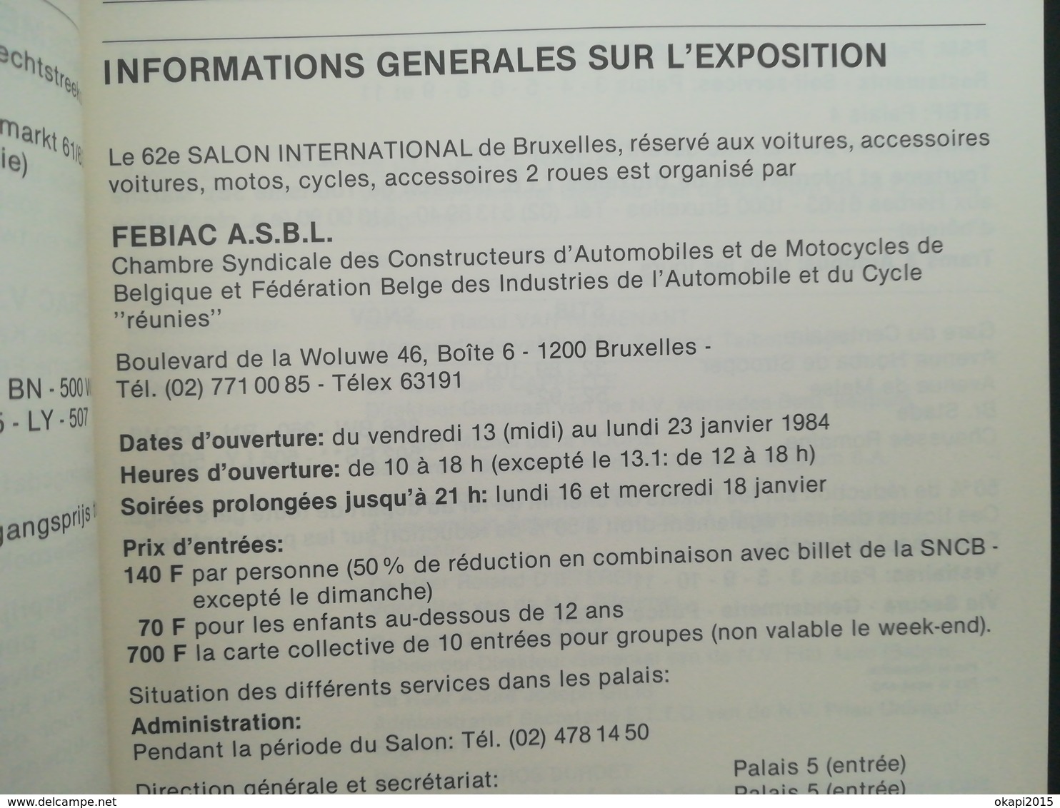 CATALOGUE AVEC PHOTOS ET TOUS LES PRIX EXPOSITION SALON DE L 'AUTO BRUXELLES BELGIQUE ANNÉE 1984 COLLECTIONS TRANSPORTS