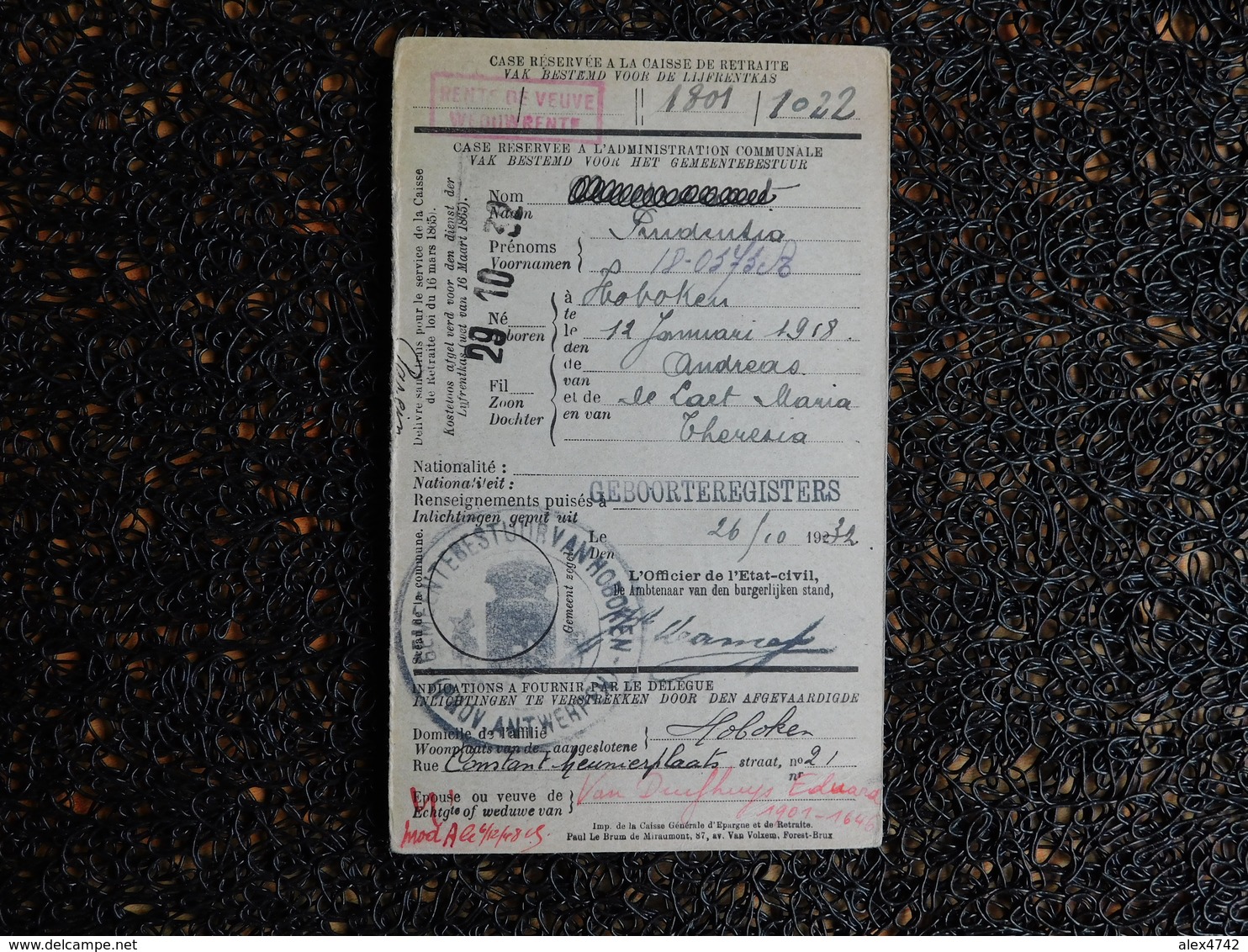 Demande D'affiliation à La Caisse De Retraite, 1932, Hoboken   (H7) - Collections