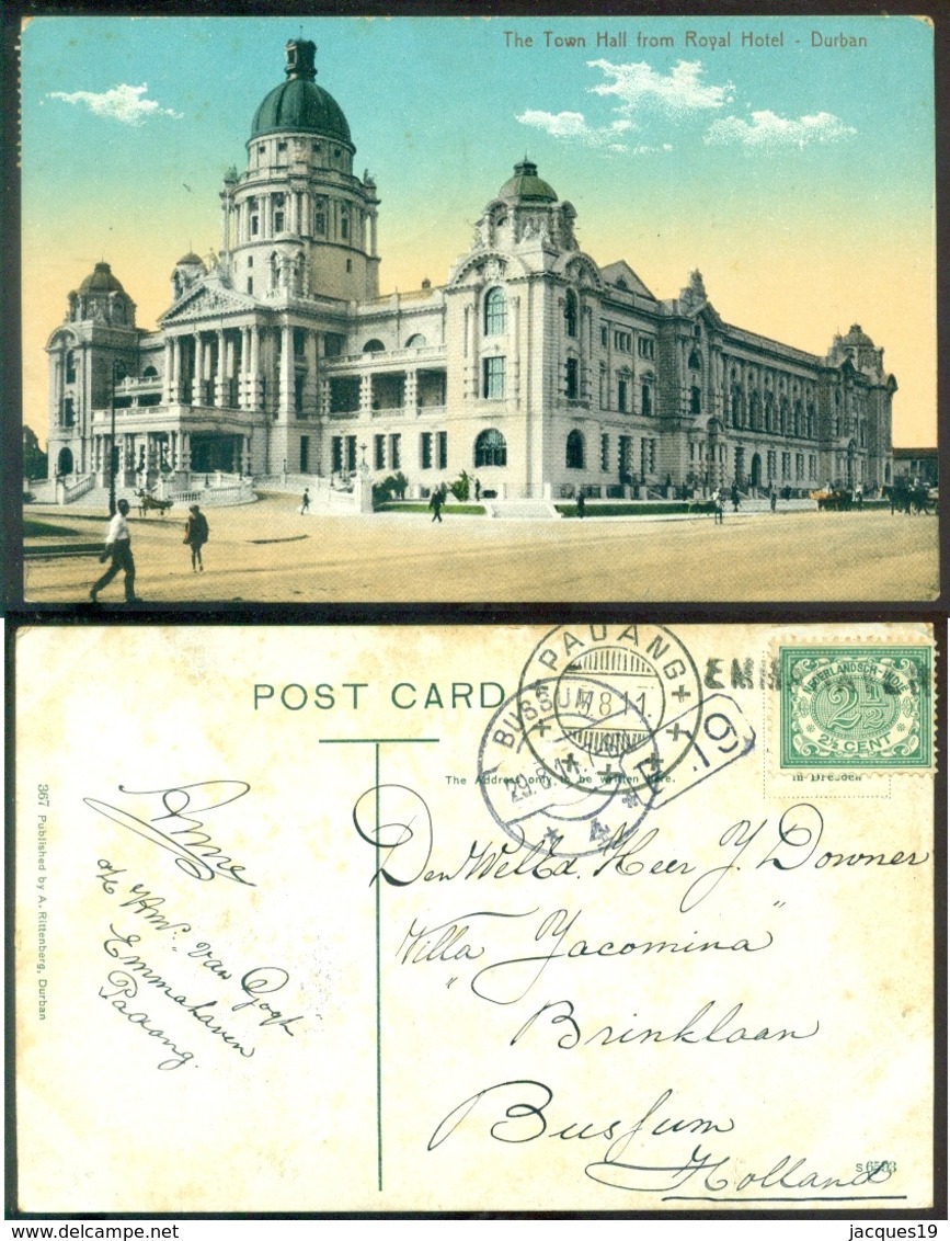 Nederlandsch Indie 1911 Zuid-Afrikaanse Postkaart Naar Nederland Durban Town Hall - Afrique Du Sud