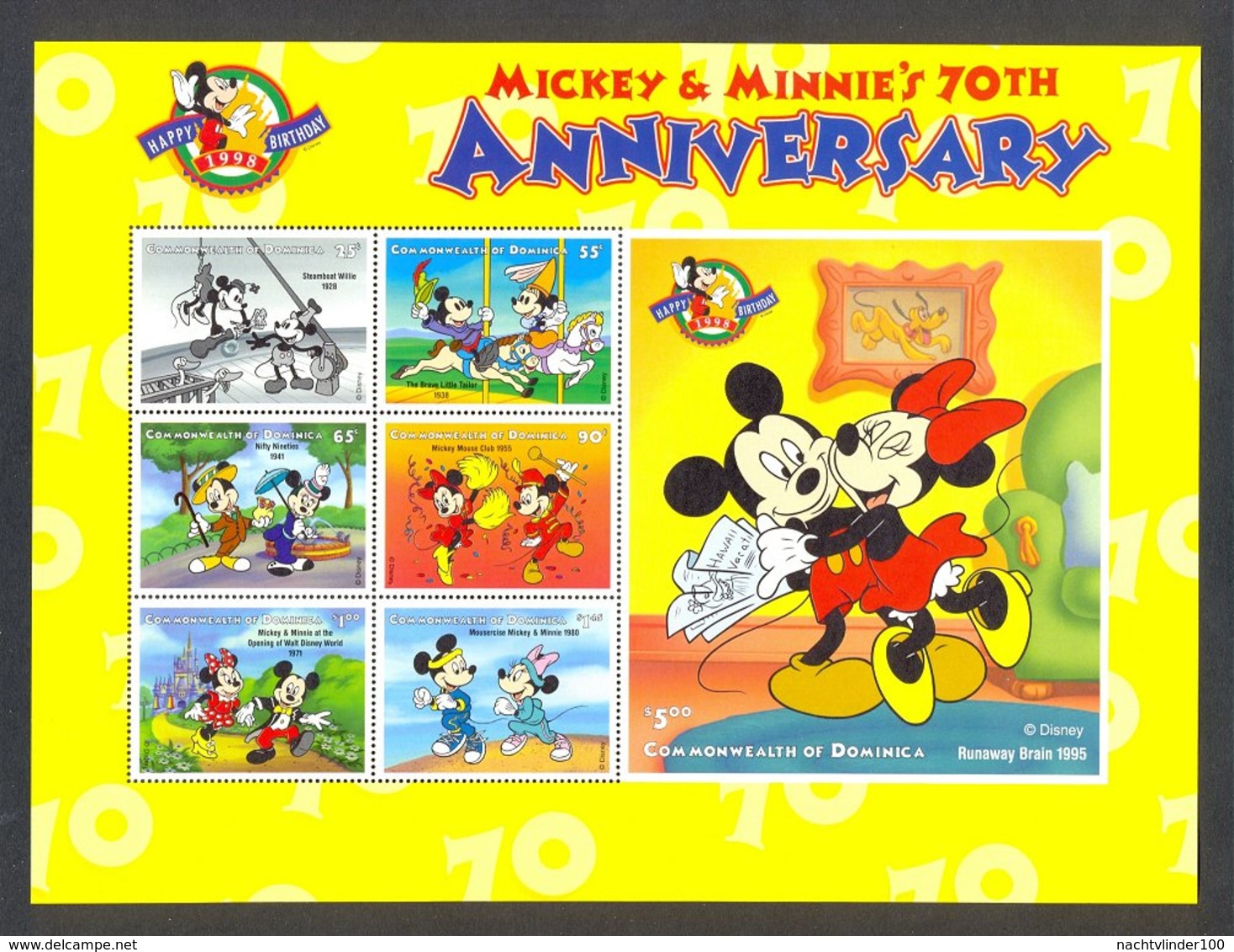 Nap681c WALT DISNEY 70TH ANNIVERSARY MICKEY AND MINNIE MOUSE HORSE DOG BIRDS DOMINICA 1998 PF/MNH #READ# - Disney