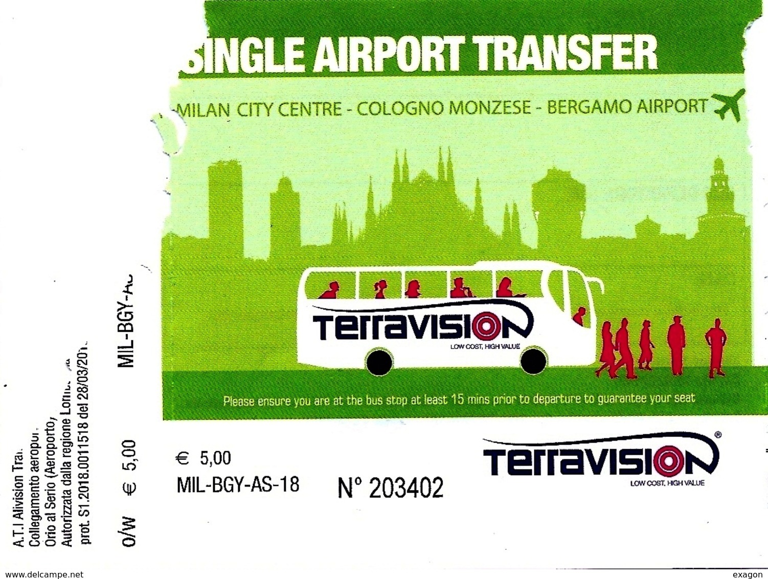 BIGLIETTO Utilizzato     SINGLE  AIRPORT  TRANFER   -  MILANO  >  ORIO AL SERIO   -    Anno 2018. - Europa