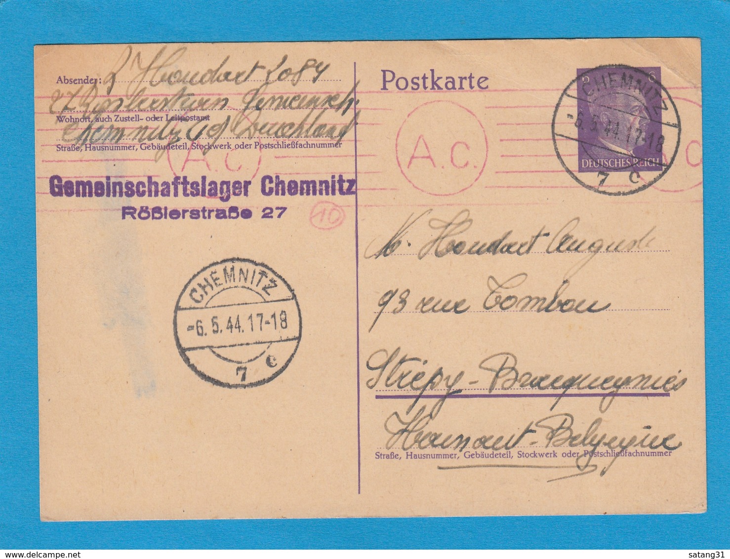 GANZSACHE VOM GEMEINSCHAFTSLAGER CHEMNITZ,MIT ZENSURSTEMPEL,NACH STREPY-BRACQUENIES, HAINAUT-BELGIEN. - Briefe U. Dokumente