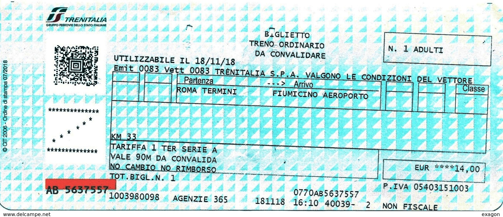 Biglietto  Treno  UTILIZZATO   -   Roma Termini / Fiumicino Aeroporto  -   Del  18. 11. 2018 - Europa