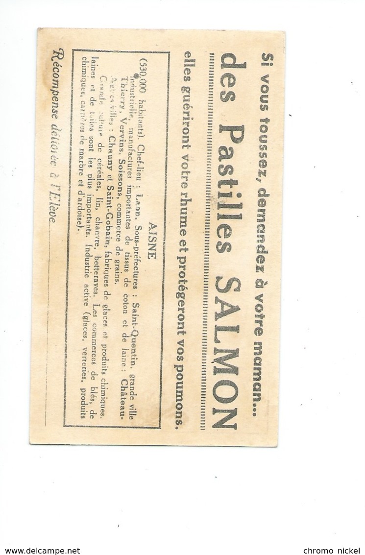 Aisne Département Carte Géographique Chromo (récompense) 100 X 60mm Pub: Pastilles Salmon Au Dos Bien Didactique - Autres & Non Classés