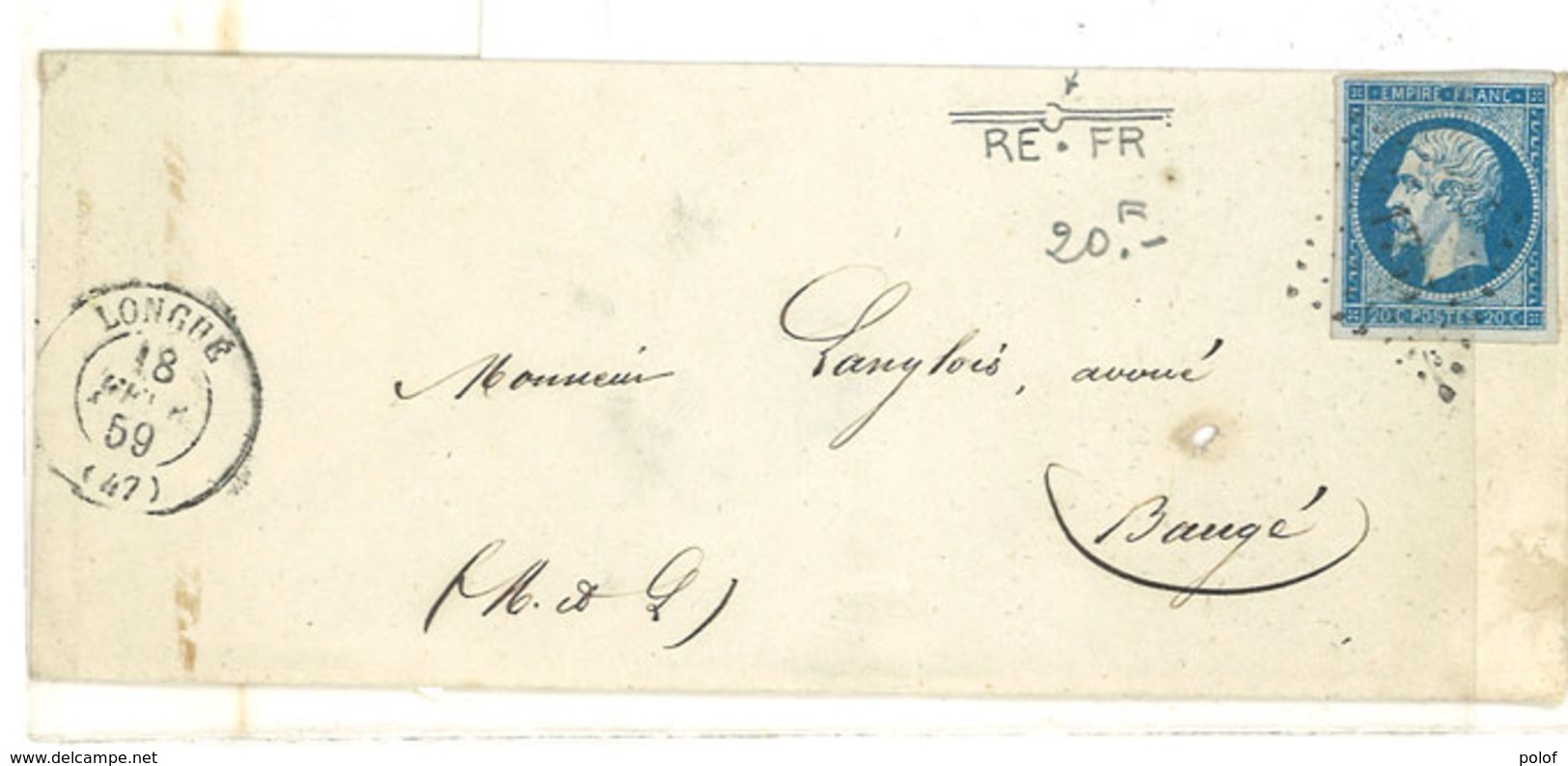 Enveloppe Adressée De LONGUE (PC 1755) A BAUGE - Yvert N° 14 Avec Belle Variété (Cassure Filet En Haut),    (111964) - 1853-1860 Napoleon III