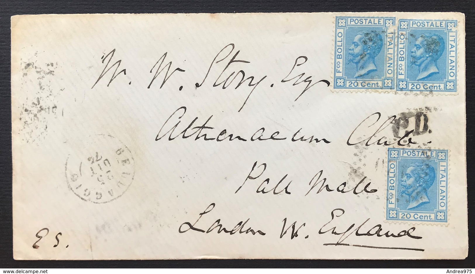 Regno, 20 Cent X 3 Su Busta Da Bellaggio 25/10/1874 Per Londra. Annullo Natante Colico-Como Al Verso. - Marcophilie