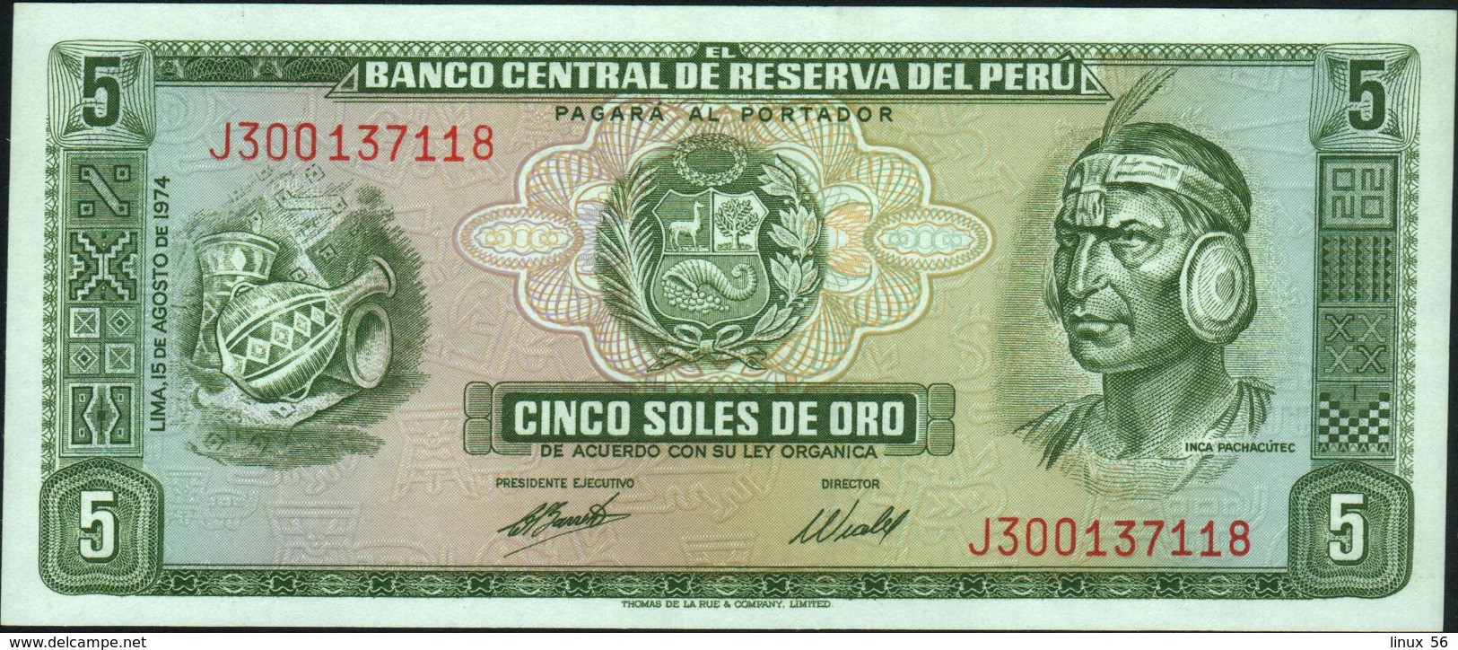 PERU - 5 Soles De Oro 15.08.1974 UNC P.99 C - Pérou