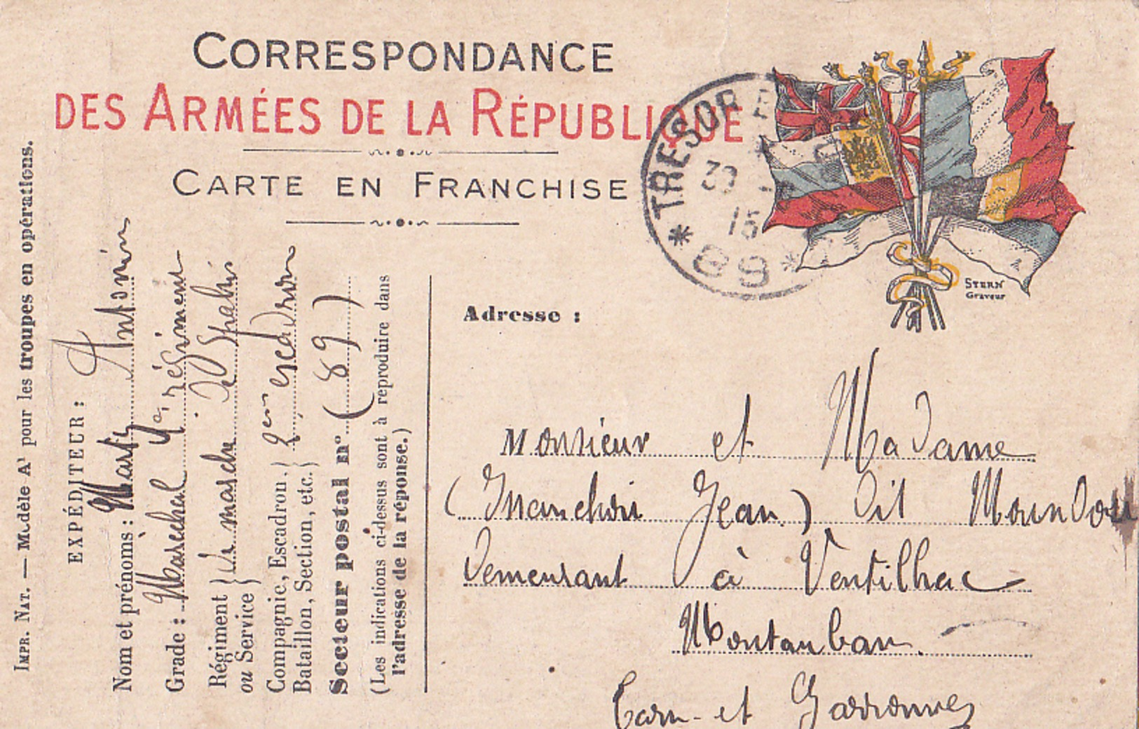 Correspondance Des Armées De La République Carte En Franchise - Guerre 1914-18