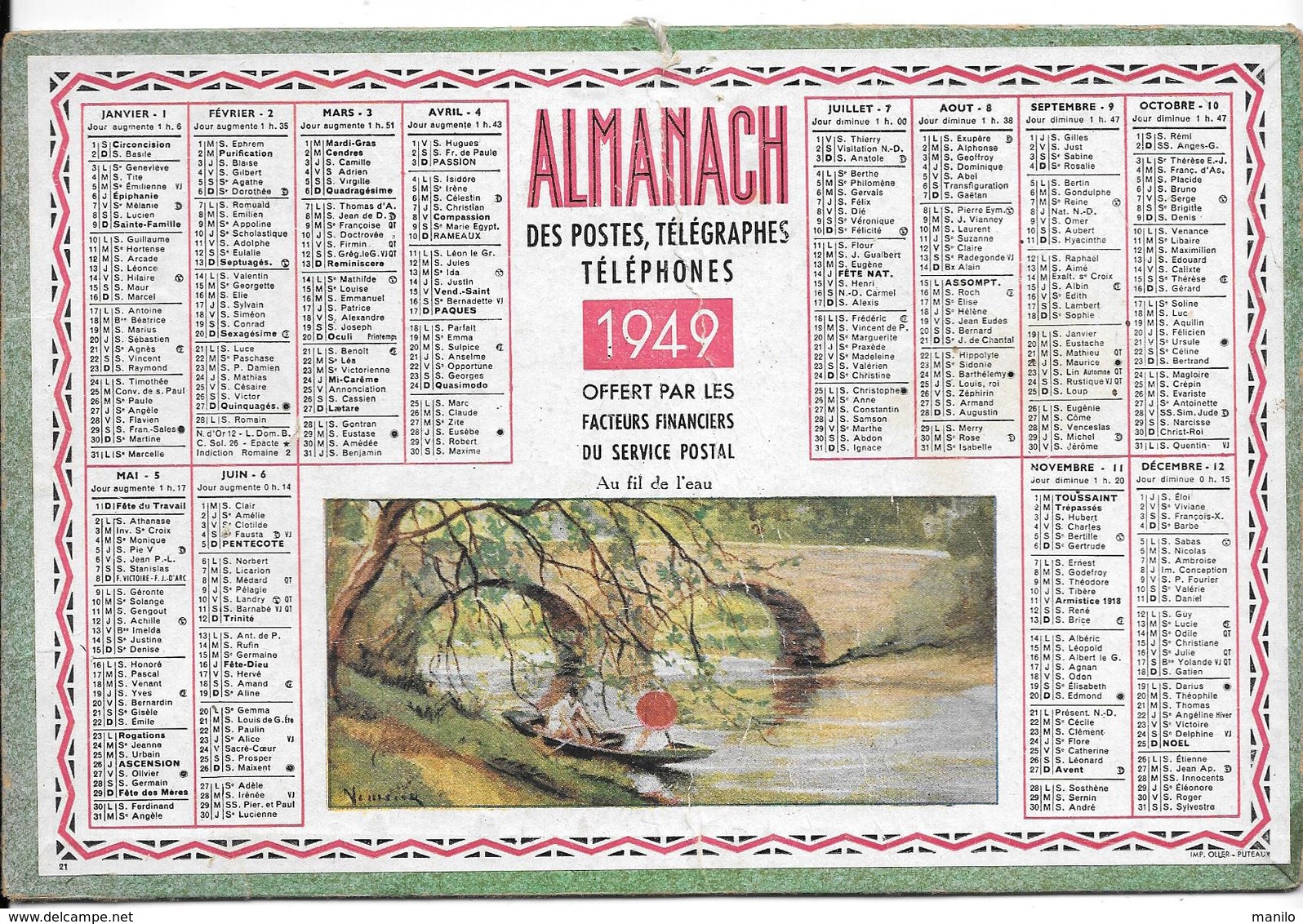 ALMANACH Des POSTES, TELEGRAPHES, TELEPHONE - 1949 -  (moyen Format ) "AU FIL DE L'EAU " Personnages En Barque /tableau - Petit Format : 1941-60