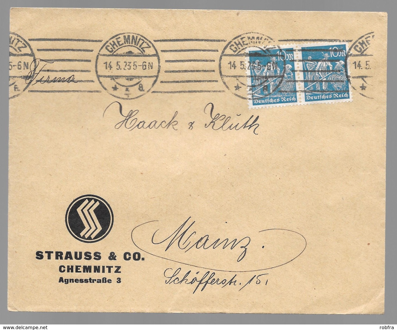 CHEMNITZ - Deutsches Reich - Lettre - "Strauss & Co. Chemnitz", Vers Mainz, Mi. 239; 1923 - Lettres & Documents