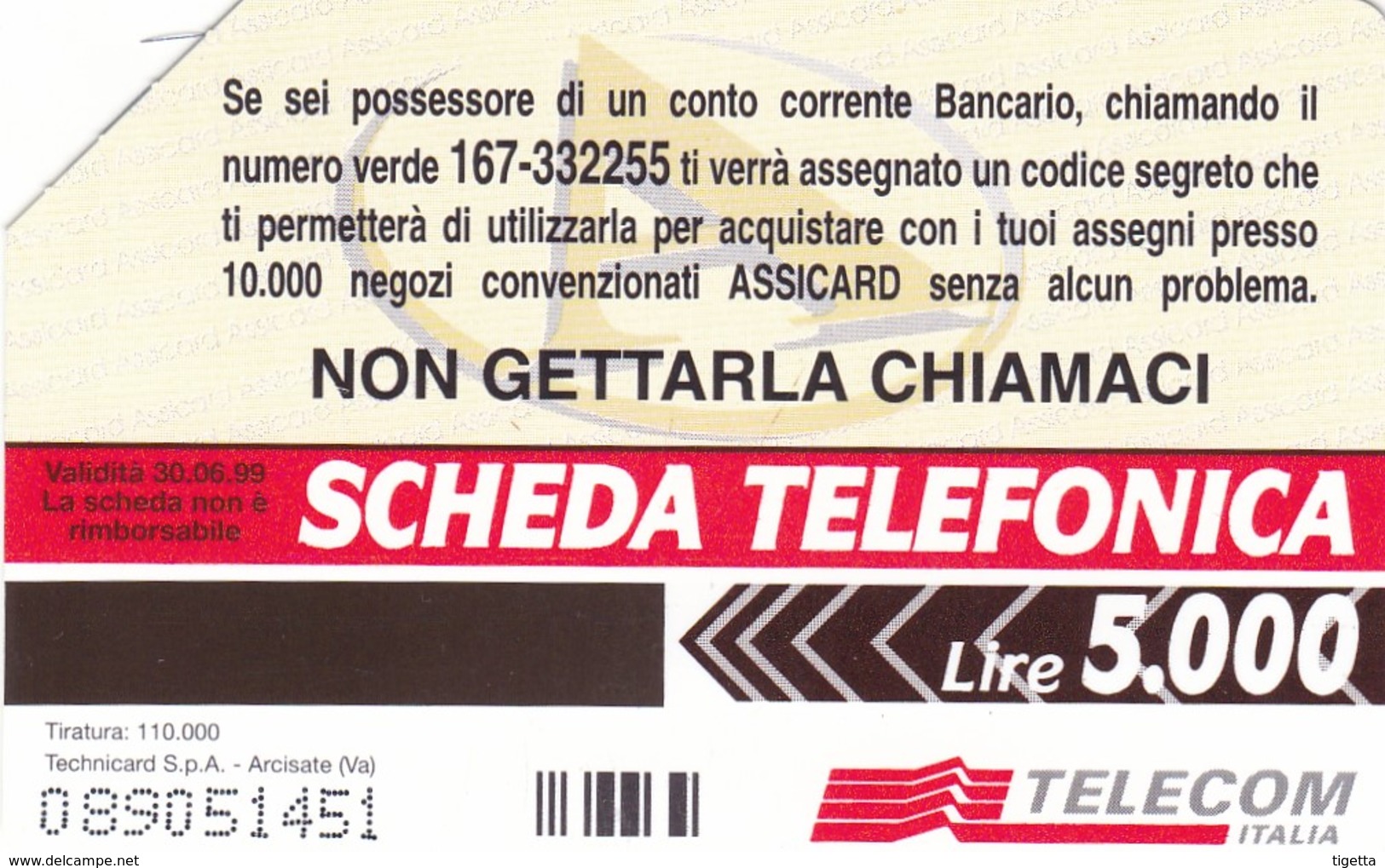 SCHEDA TELEFONICA  ASSICARD  SCADENZA 30/06/1999 USATA - Pubbliche Speciali O Commemorative